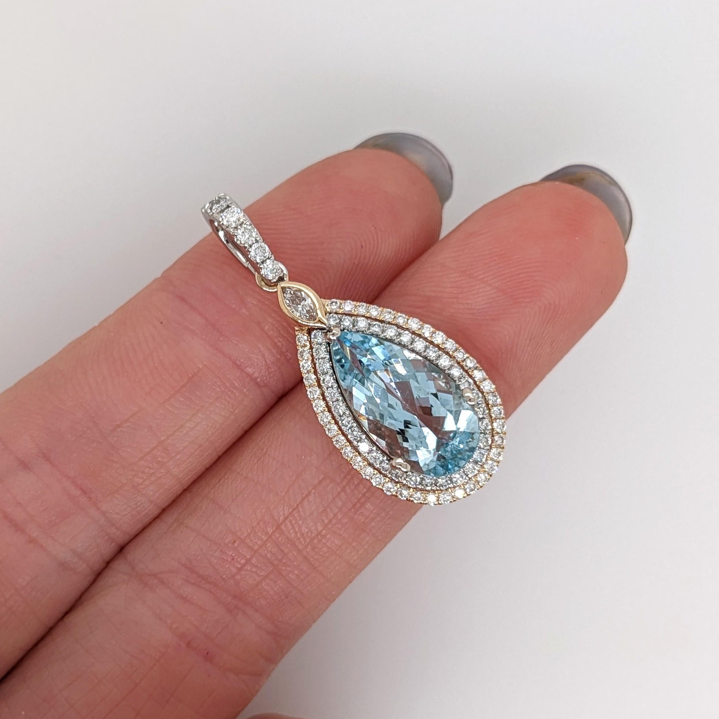 3ct Aquamarine Pendant w Earth Mined Diamonds in Solid 14K Dual Gold Pear 15x8mm In New Condition For Sale In Columbus, OH