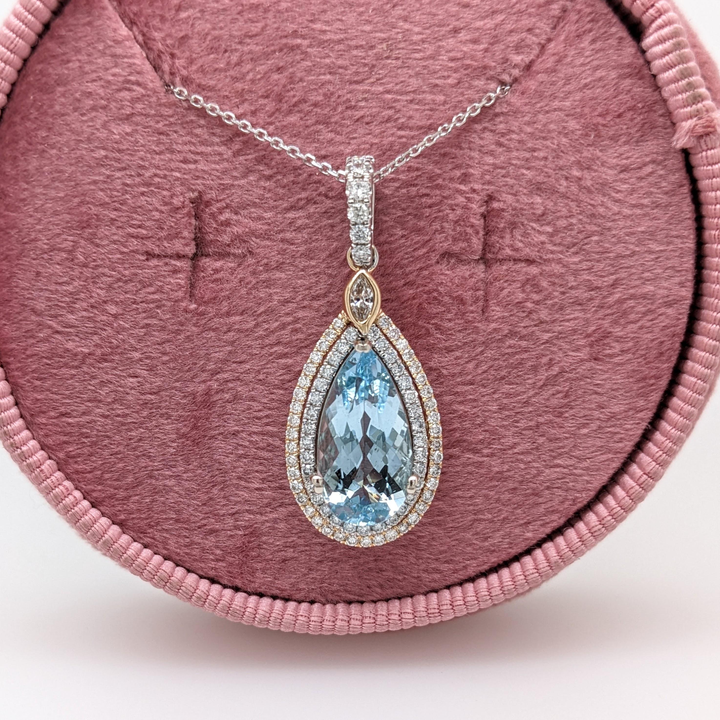 Women's 3ct Aquamarine Pendant w Earth Mined Diamonds in Solid 14K Dual Gold Pear 15x8mm For Sale