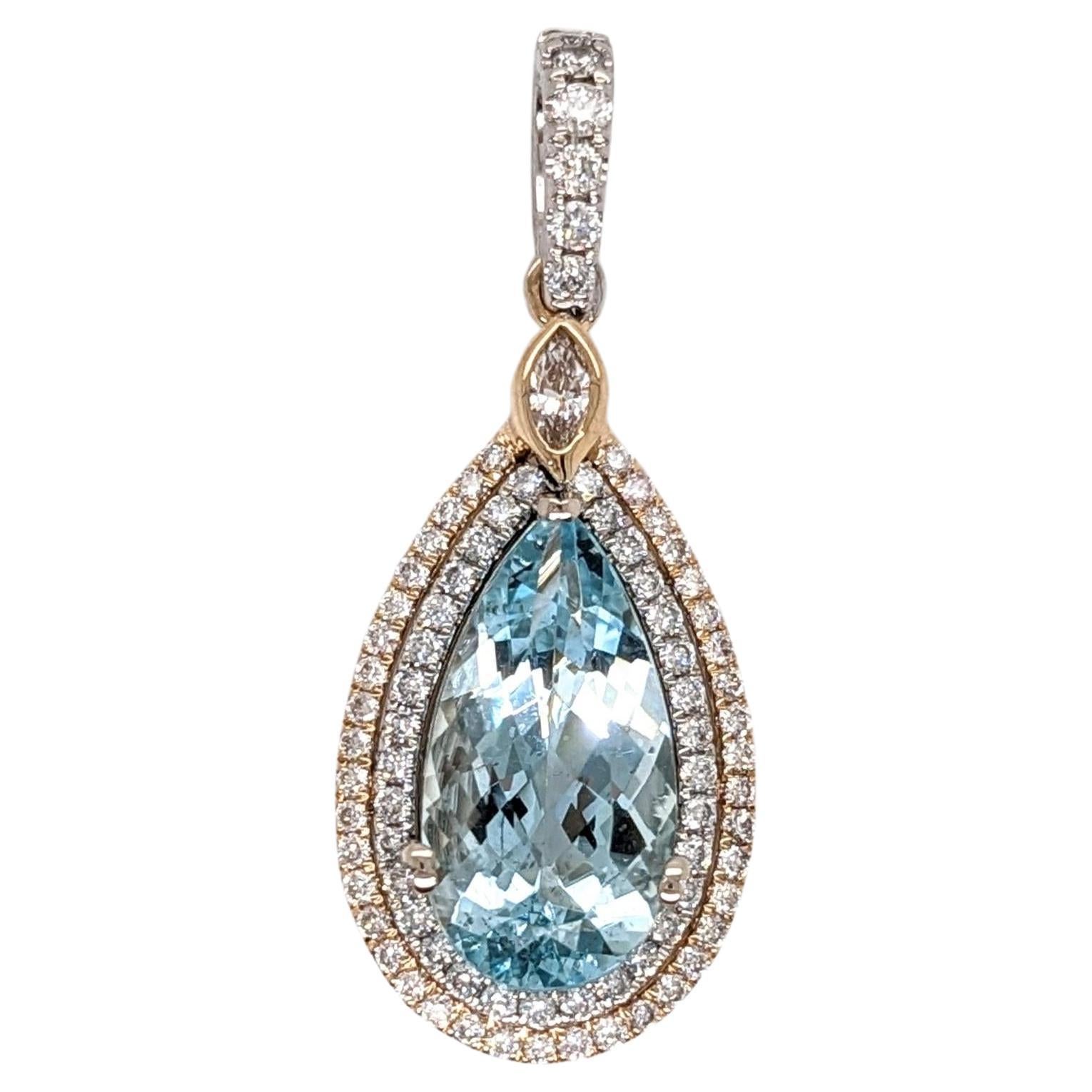 3ct Aquamarine Pendant w Earth Mined Diamonds in Solid 14K Dual Gold Pear 15x8mm For Sale