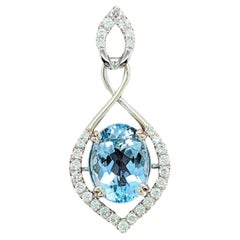 Pendentif aigue-marine de 3 carats avec diamants naturels en or blanc massif 14 carats ovale 11 x 9 mm