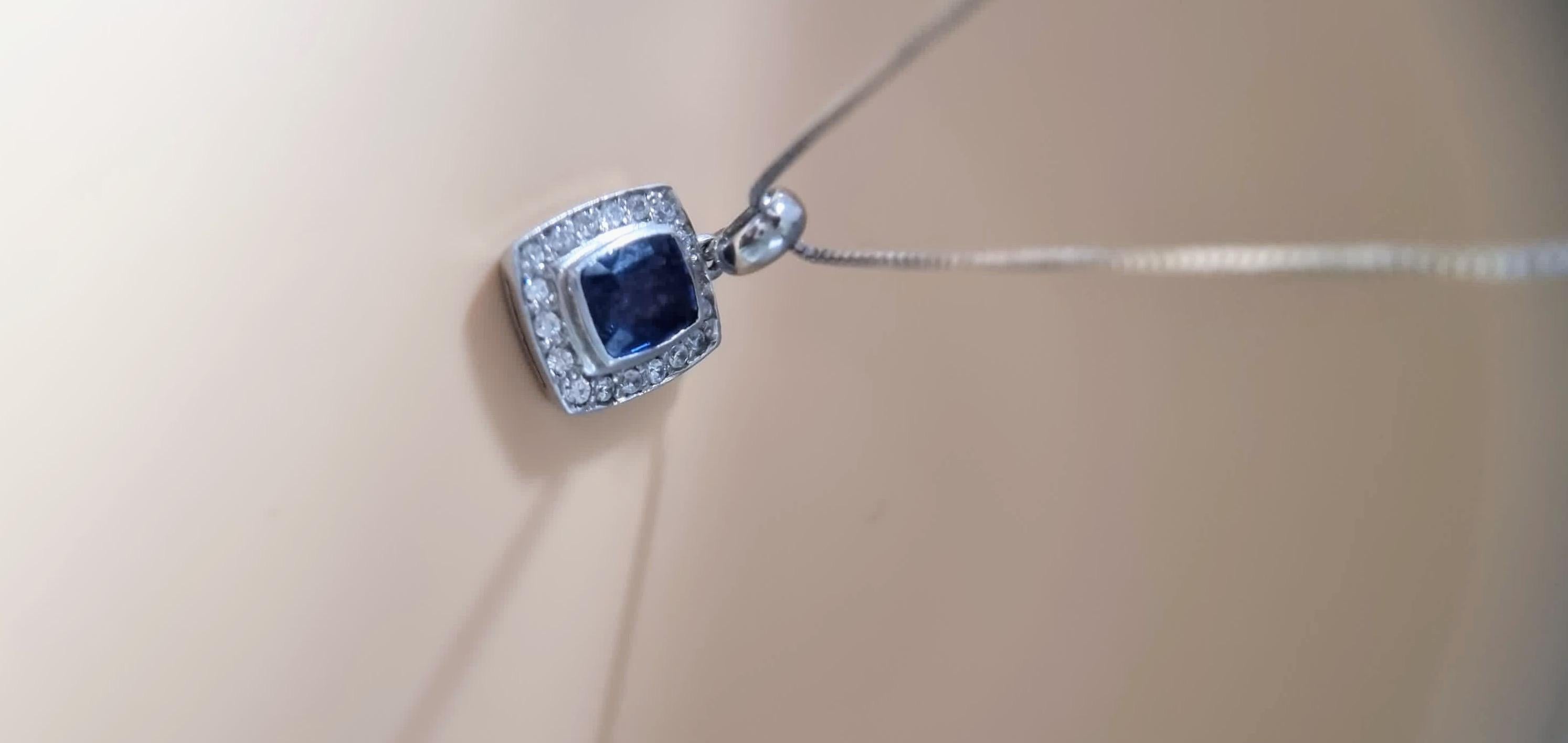Cushion Cut 3ct Bezel Natural Blue Sapphire Pendant in Platinum-Coated Silver For Sale
