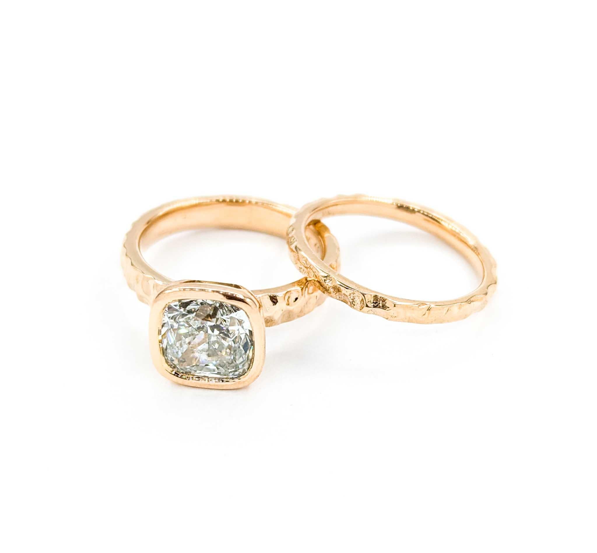 3ct Bezel Set Diamond Engagement Ring Set in Hammered Rose Gold 8