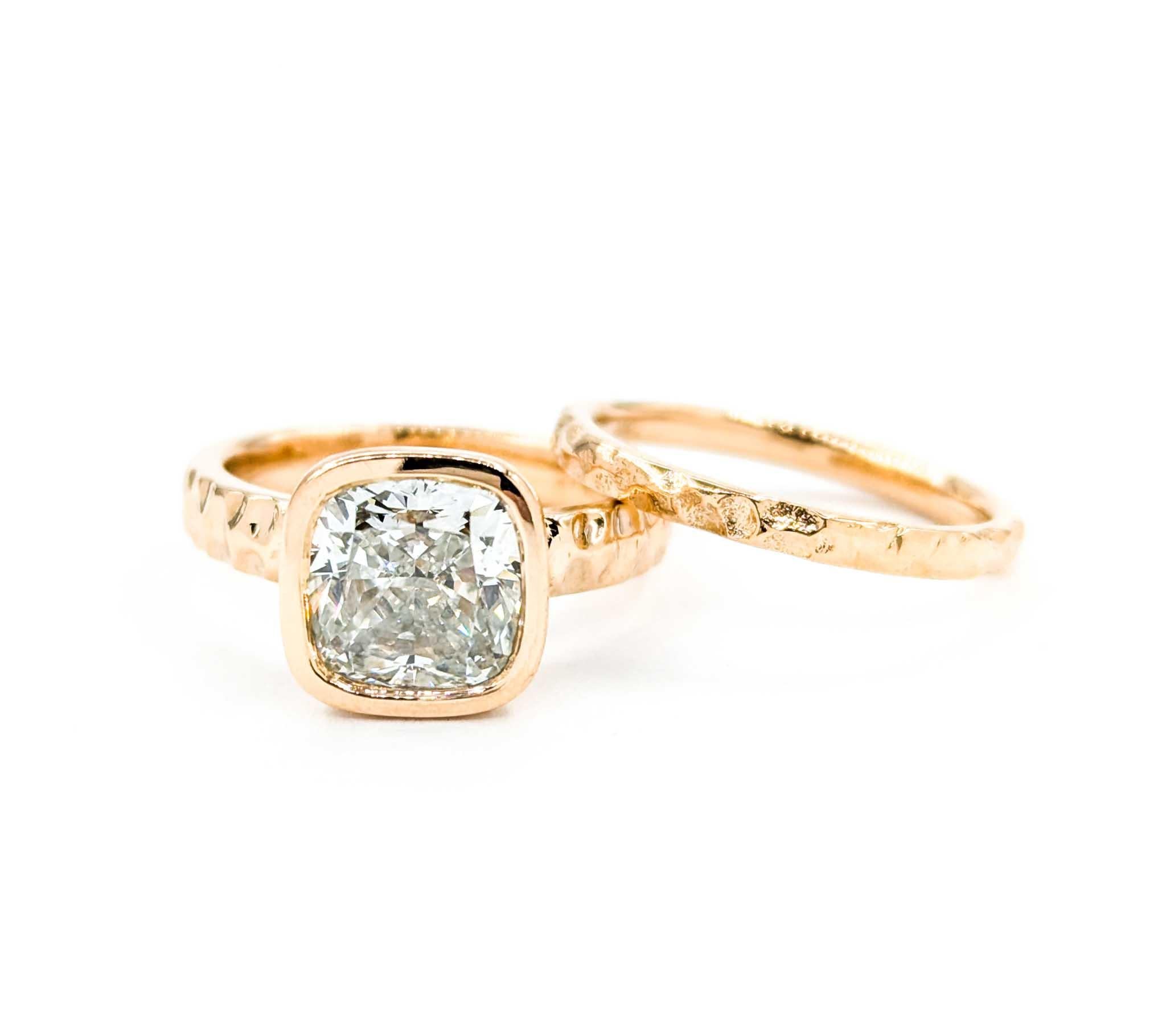 3ct Bezel Set Diamond Engagement Ring Set in Hammered Rose Gold 9