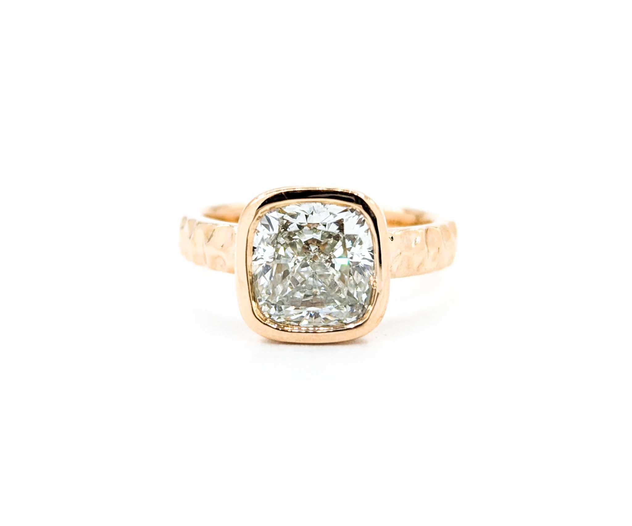 3ct Bezel Set Diamond Engagement Ring Set in Hammered Rose Gold 11