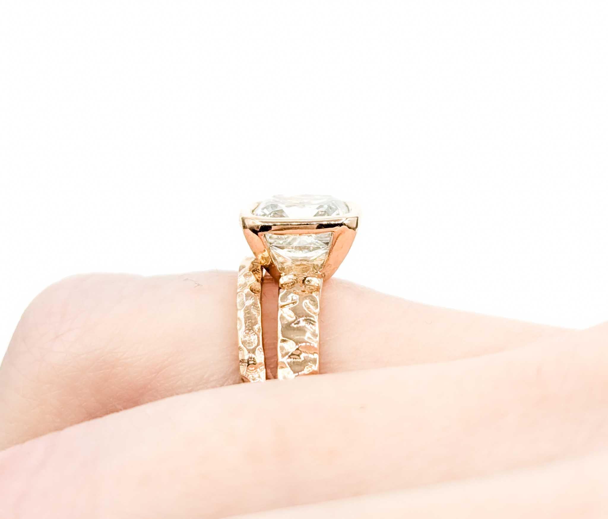 Cushion Cut 3ct Bezel Set Diamond Engagement Ring Set in Hammered Rose Gold