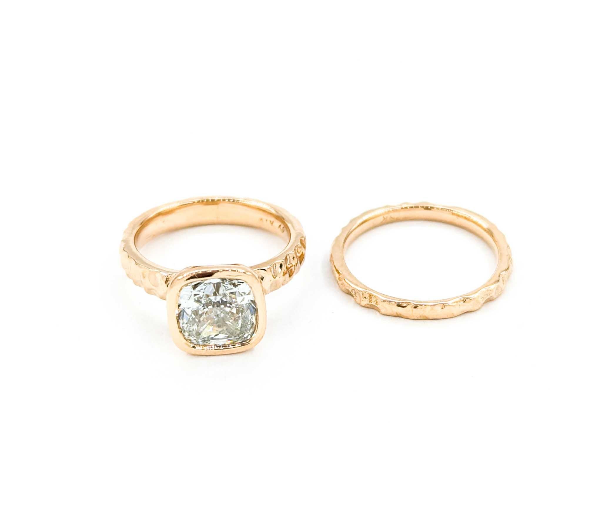 3ct Bezel Set Diamond Engagement Ring Set in Hammered Rose Gold 1