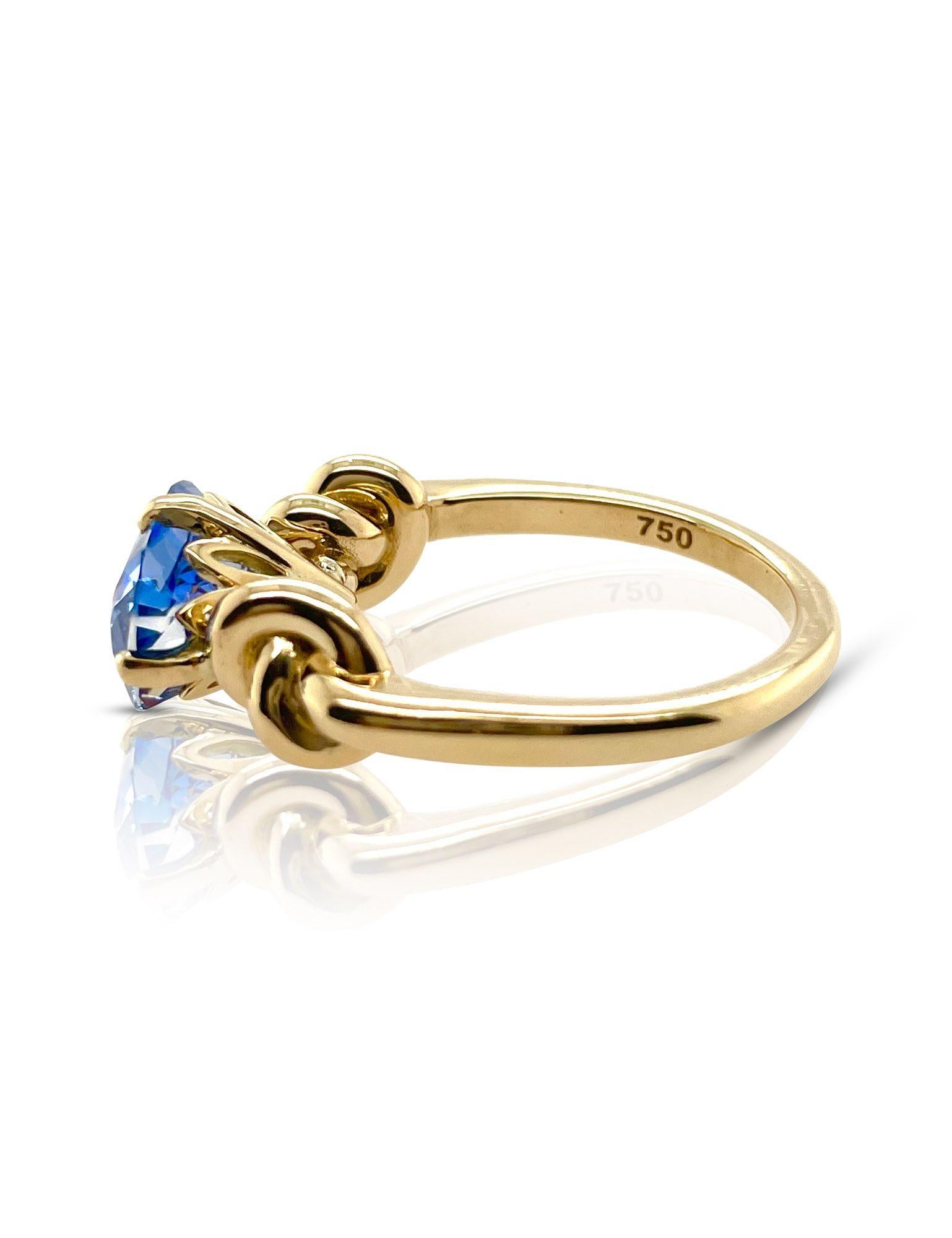 For Sale:  3ct Blue Ceylon Sapphire Cushion Cut Forget Me Knot Ring in 18ct Yellow Gold 13