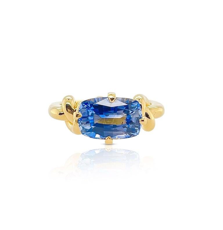 For Sale:  3ct Blue Ceylon Sapphire Cushion Cut Forget Me Knot Ring in 18ct Yellow Gold 17