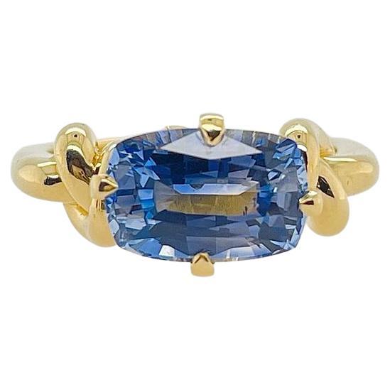 3ct Blue Ceylon Sapphire Cushion Cut Forget Me Knot Ring in 18ct Yellow Gold