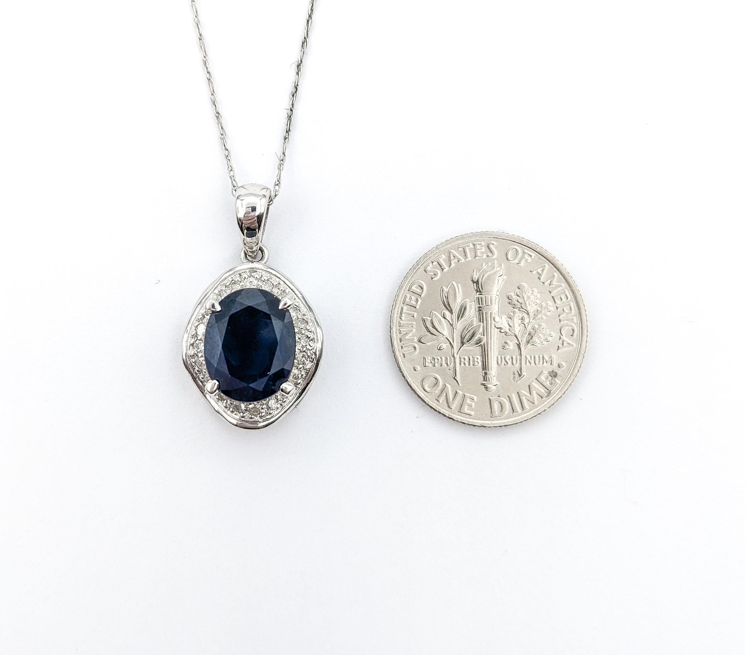Round Cut 3ct Blue Sapphire & Diamond Pendant In Platinum W/chain For Sale