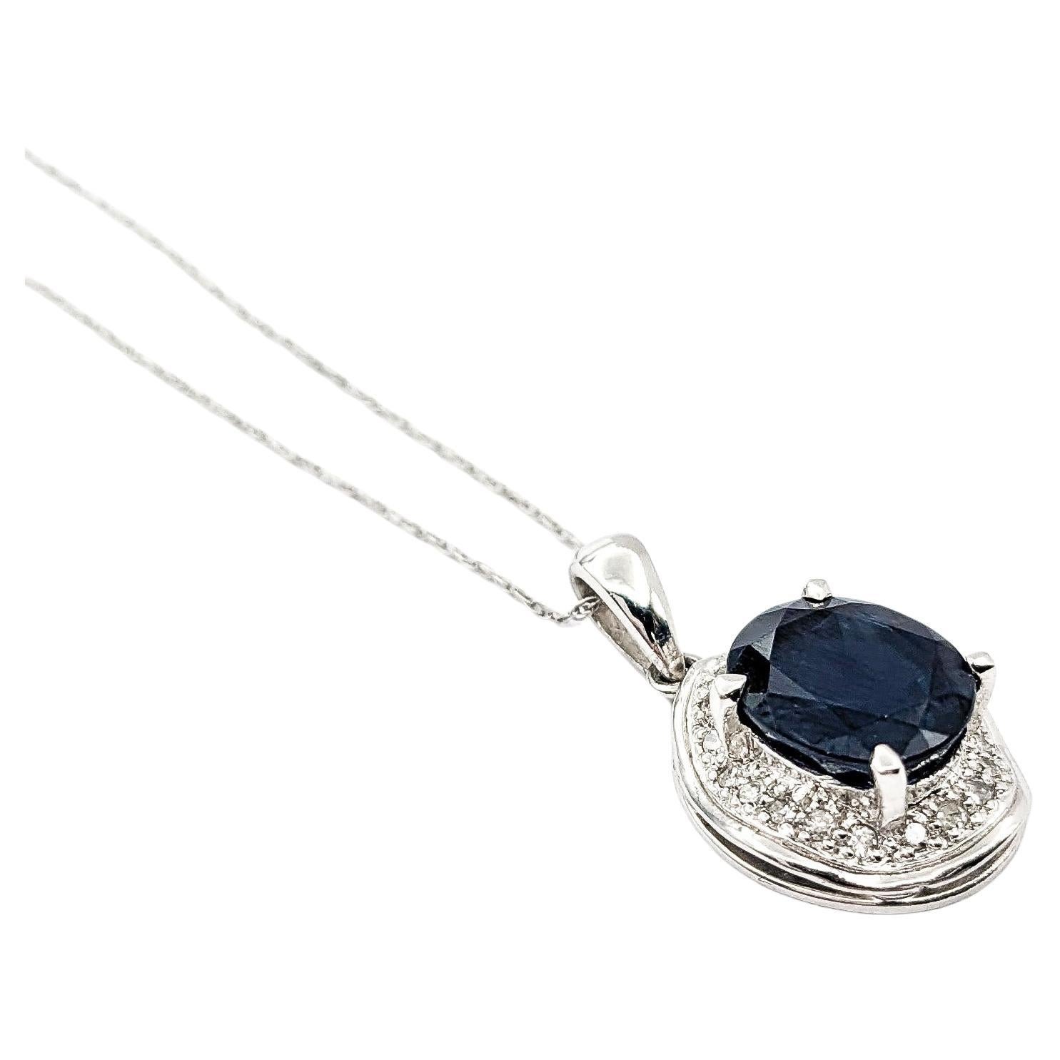3ct Blue Sapphire & Diamond Pendant In Platinum W/chain For Sale