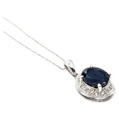 3ct Blue Sapphire & Diamond Pendant In Platinum W/chain
