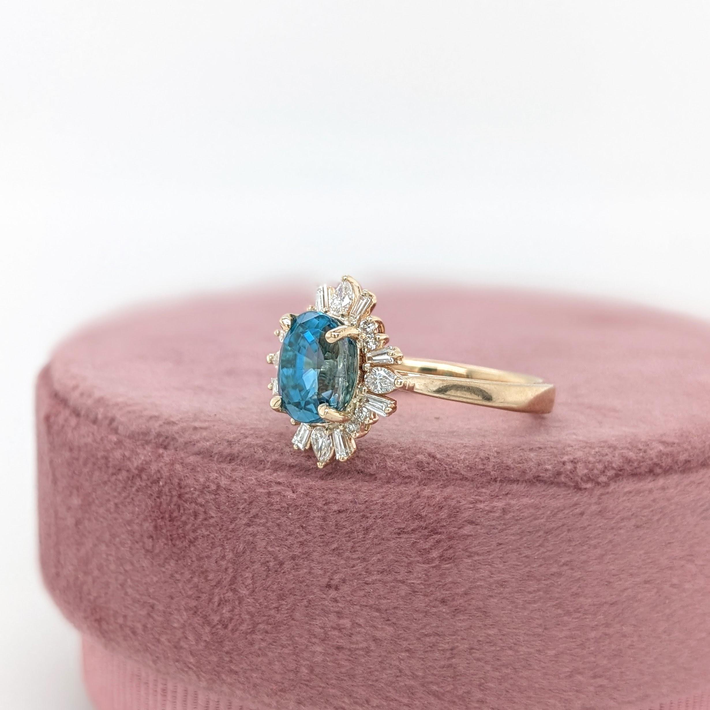 Modern 3ct Blue Zircon Ring w Earth Mined Diamonds in Solid 14K Yellow Gold Oval 8x6mm For Sale