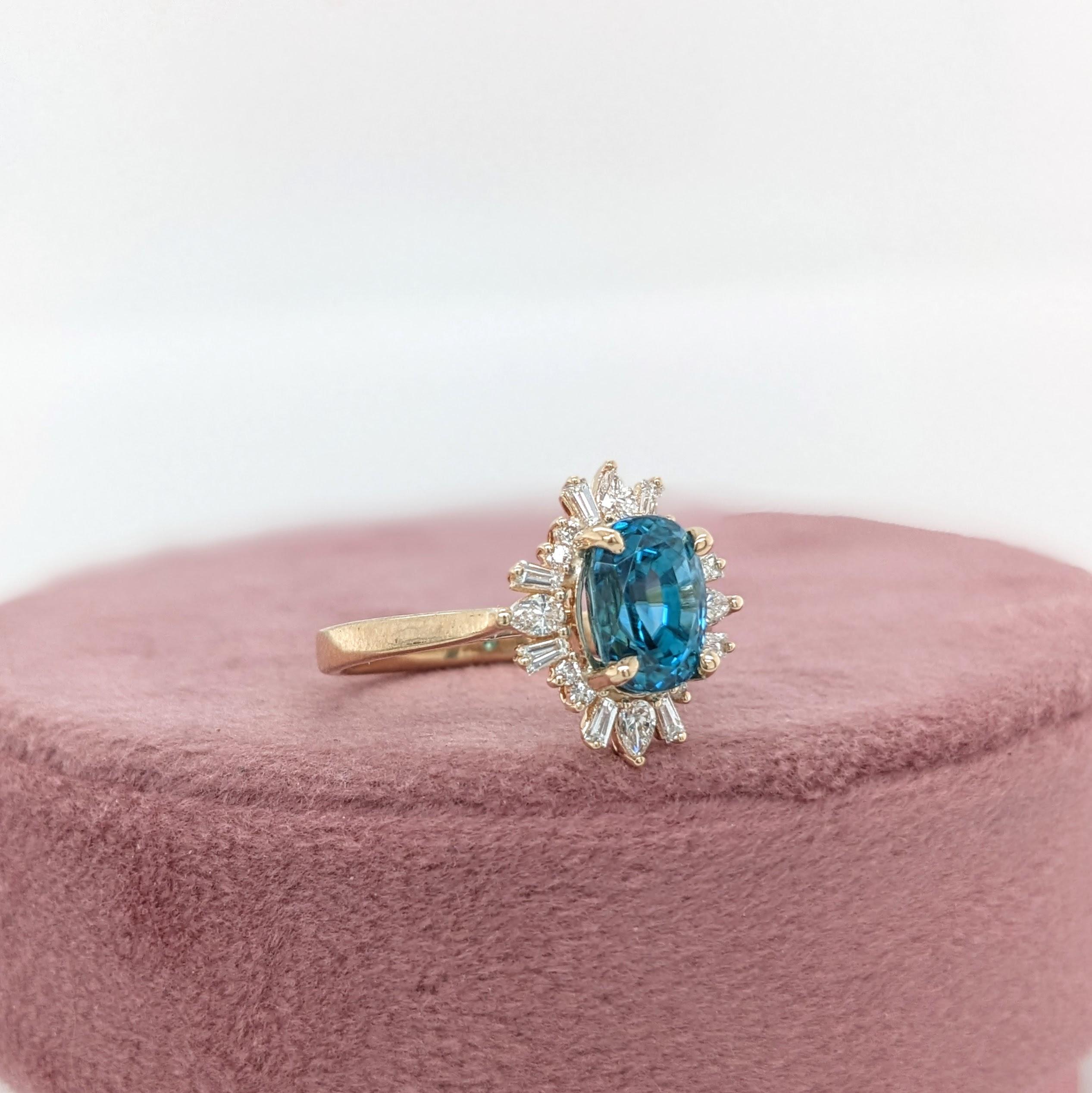 Women's 3ct Blue Zircon Ring w Earth Mined Diamonds in Solid 14K Yellow Gold Oval 8x6mm For Sale
