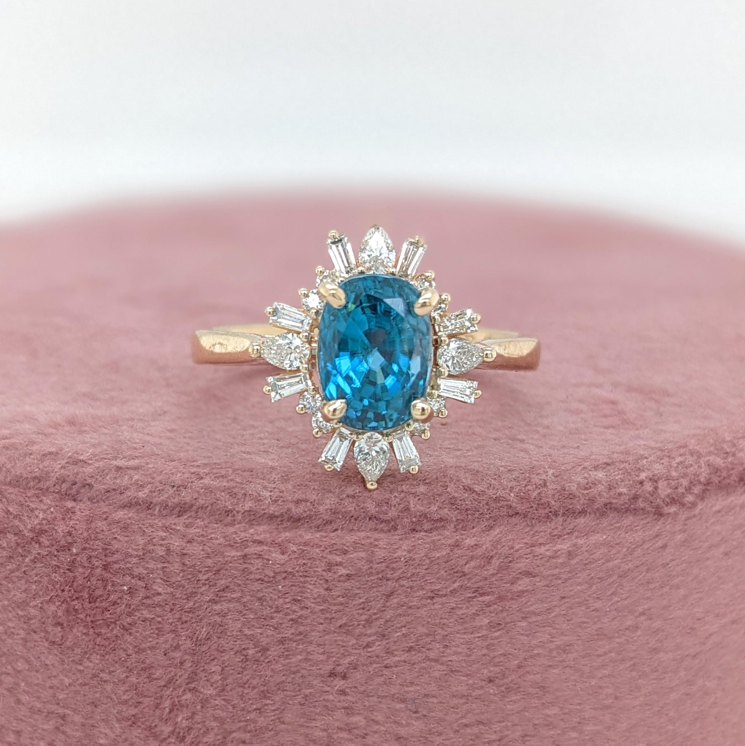 3ct Blue Zircon Ring w Earth Mined Diamonds in Solid 14K Yellow Gold Oval 8x6mm For Sale 1