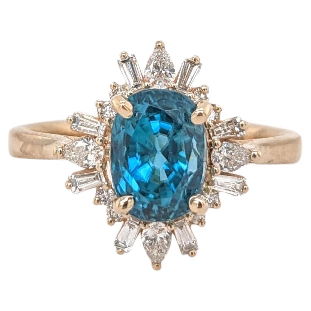 3ct Blue Zircon Ring w Earth Mined Diamonds in Solid 14K Yellow Gold Oval 8x6mm