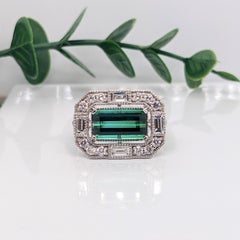 3ct Chrome Tourmaline Ring W Baguette & Round Diamond Halo 14K Solid White Gold