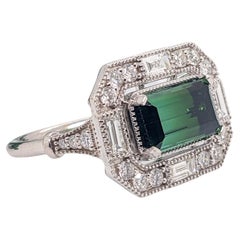 3ct Chrome Tourmaline Ring W Baguette & Round Diamond Halo 14K Solid White Gold