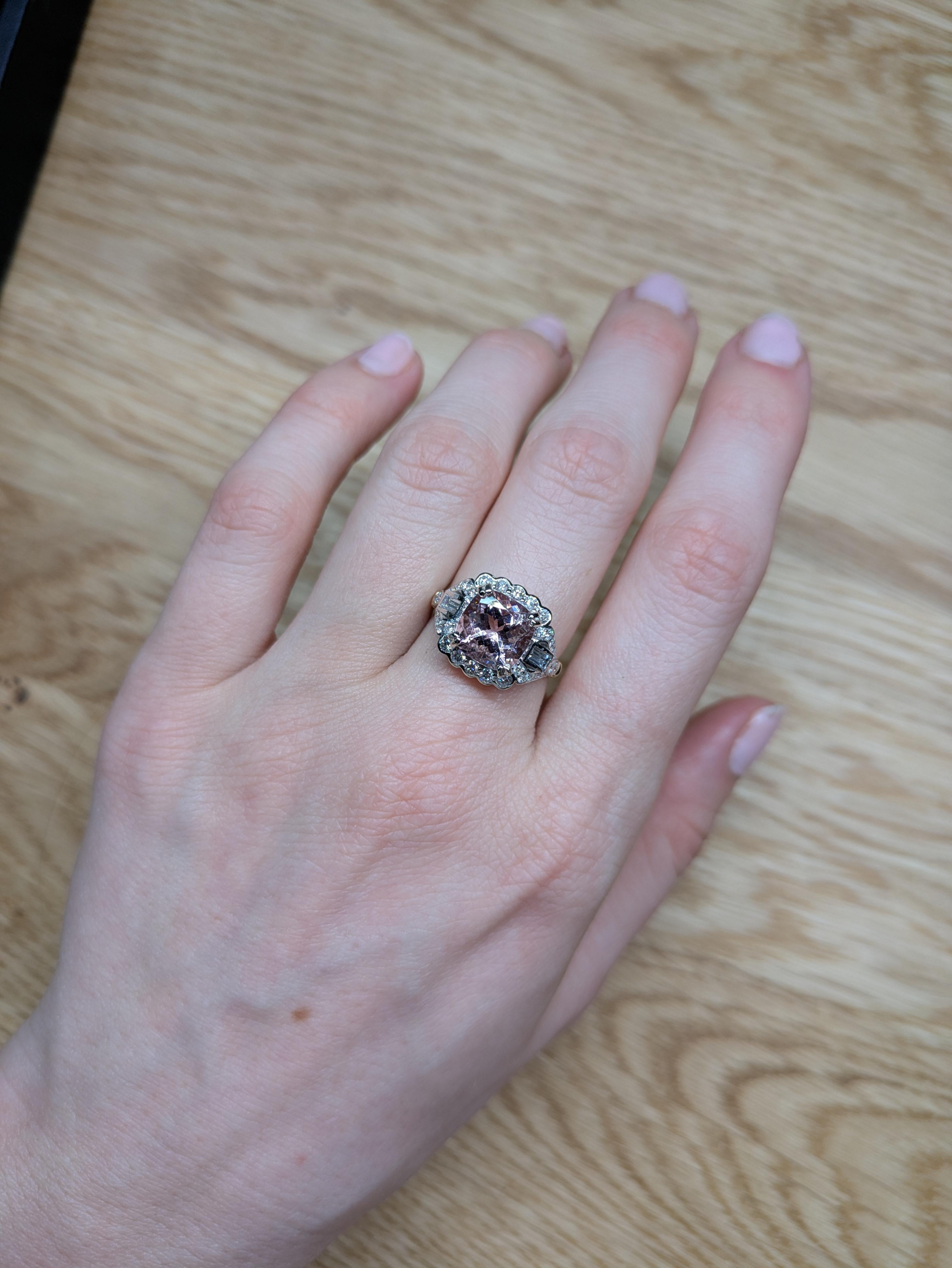 Experience luxury in its purest form with this breathtaking 3 Carat Cor de Rosa Morganite ring. Handcrafted in solid 14K dual gold tone - white gold and rose gold, the enchanting peach-pink gemstone is paired with earth-mined diamonds, radiating