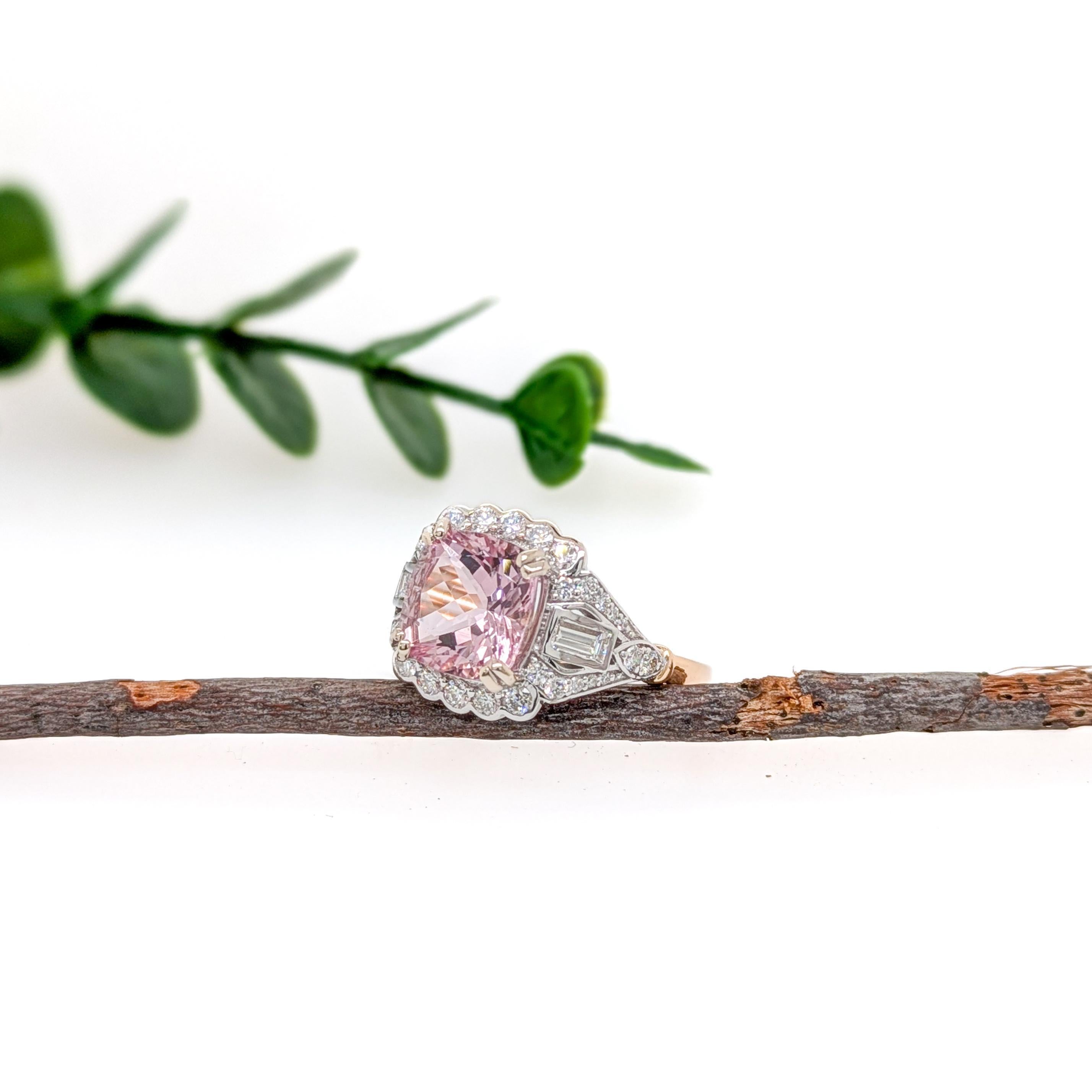 Cushion Cut 3ct Cor De Rosa Morganite Ring w Earth Mined Diamonds in 14K Gold  CU 9mm For Sale