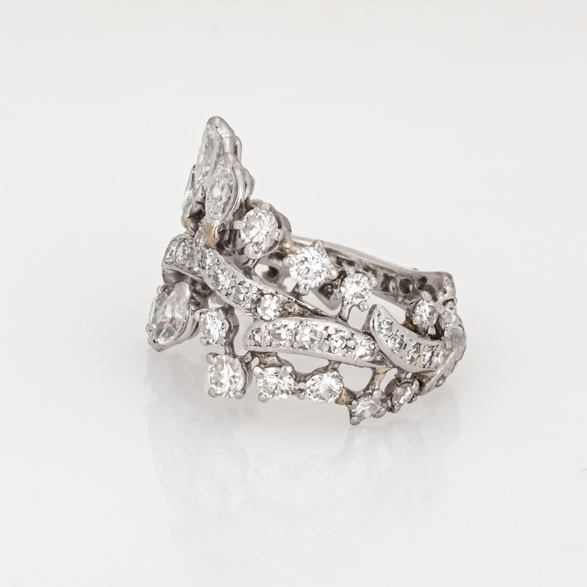 3ct Diamond Wreath Band Sz 8.25 Wide Ring Platinum Mixed Cut Mid Century Jewelry In Good Condition In Torrance, CA