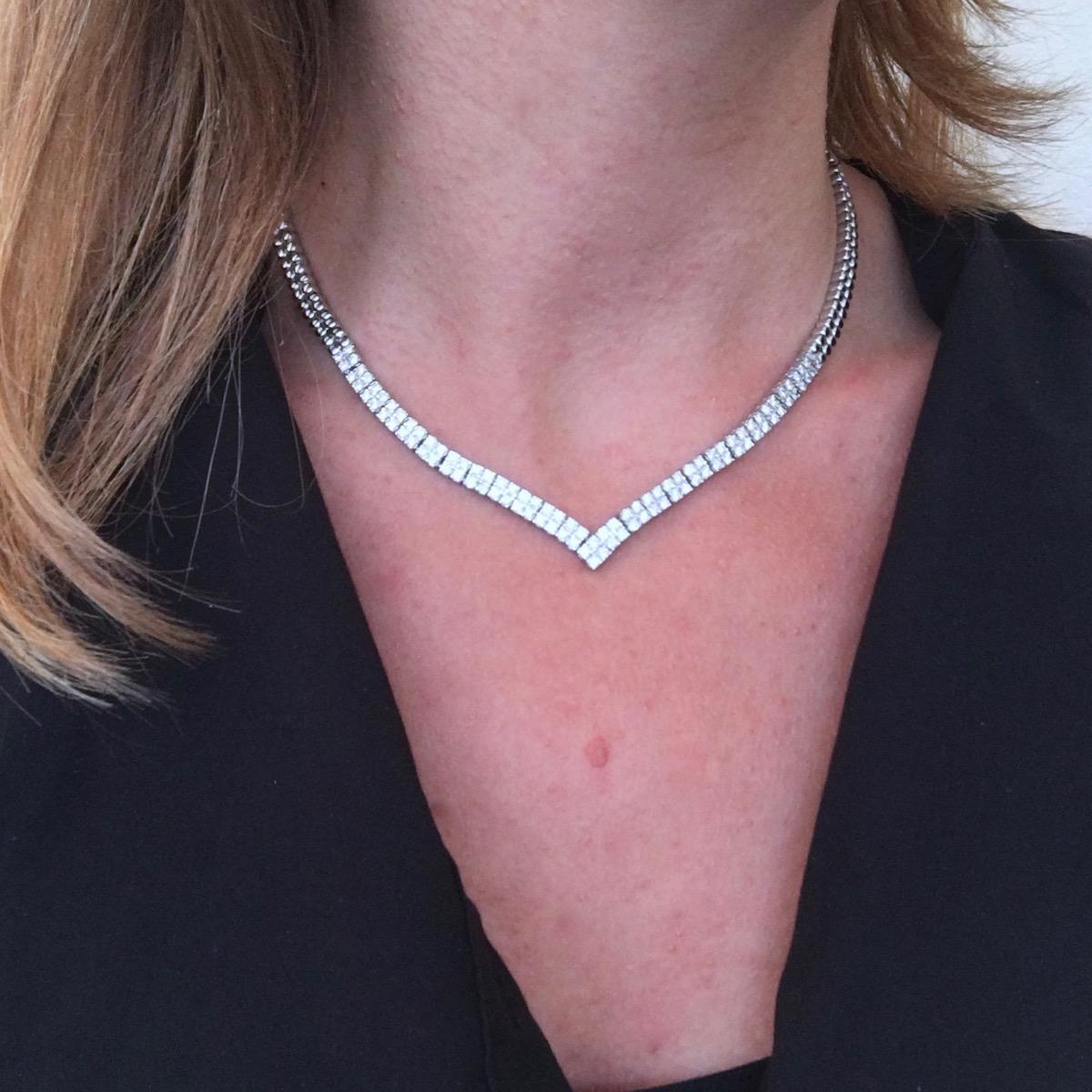 Modern 3ct Diamonds Riviere V Shape Necklace, 18kt White Gold