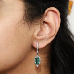Exceptional 3ct Natural Emerald & Diamond Halo Dangle Earrings in 18K White Gold