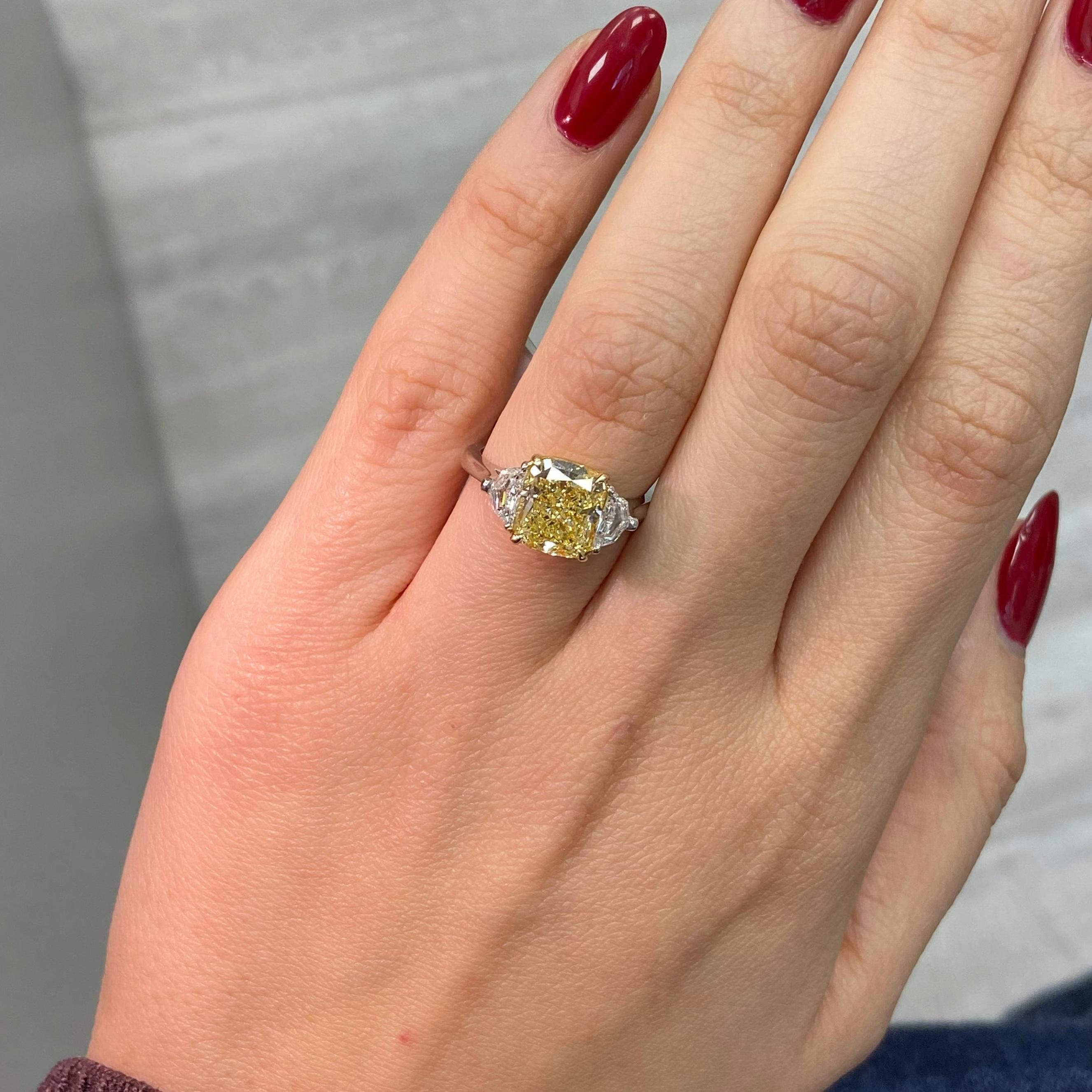 3ct Fancy Yellow Cushion Cut Diamond Engagement Ring For Sale 2