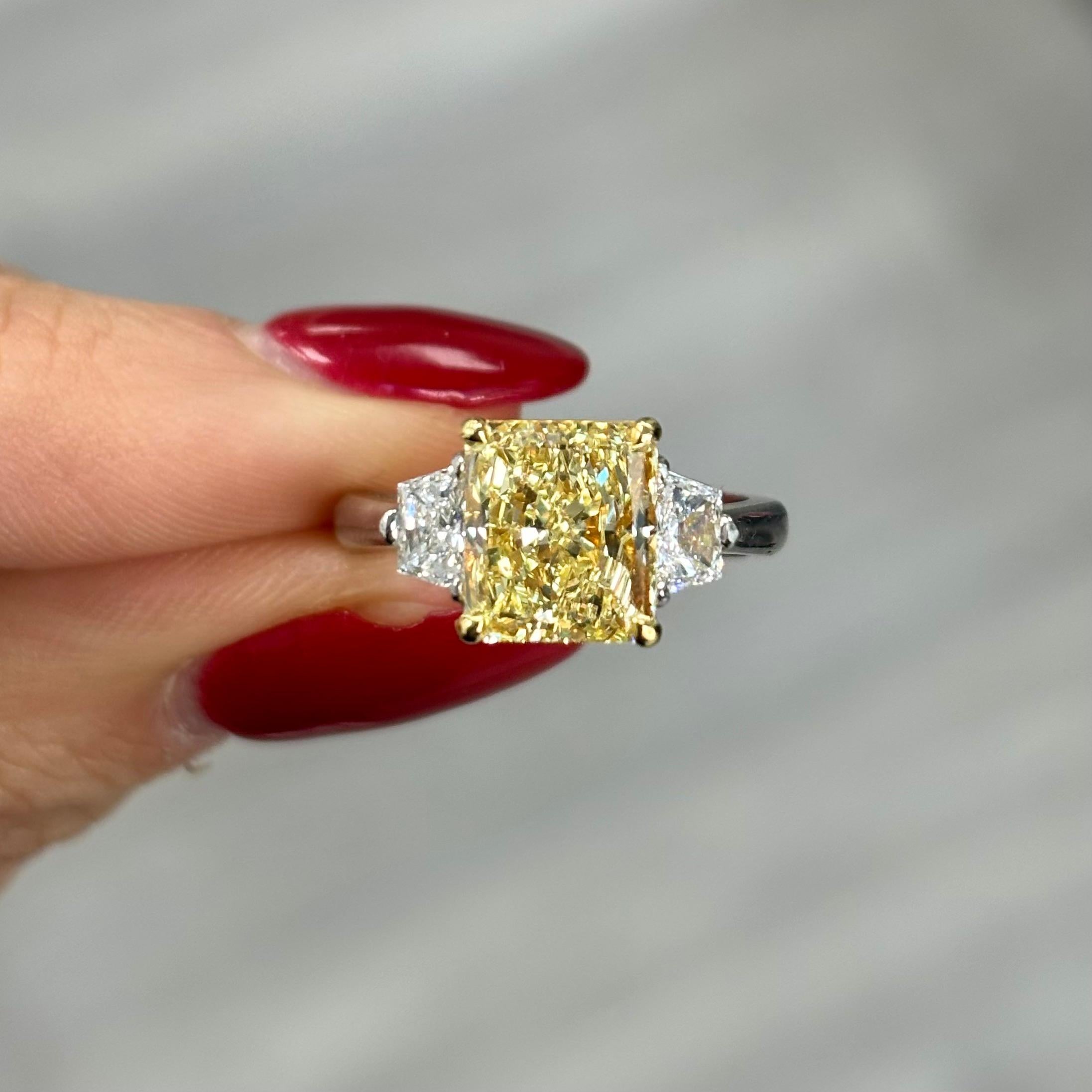 3ct Fancy Yellow Elongated Radiant Cut Diamond Engagement Ring For Sale 1