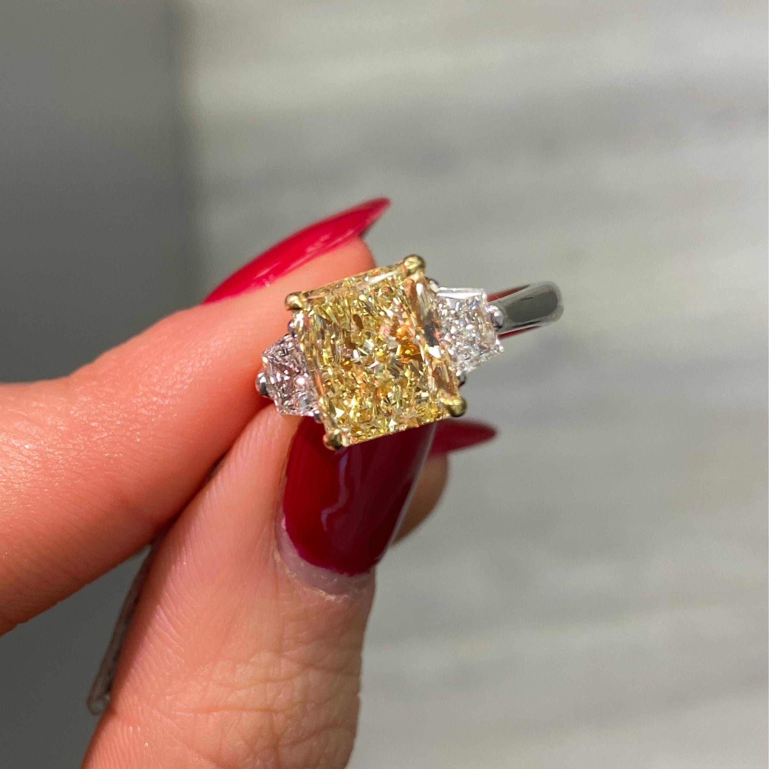 3ct Fancy Yellow Elongated Radiant Cut Diamond Engagement Ring For Sale 2