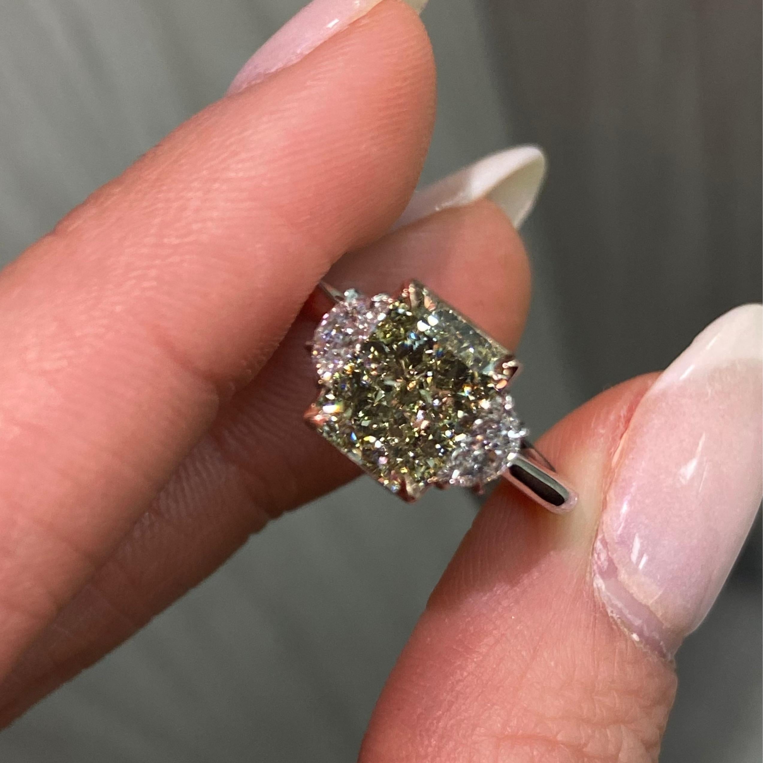 Radiant Cut 3ct Greenish Yellow Diamond Engagement Ring For Sale