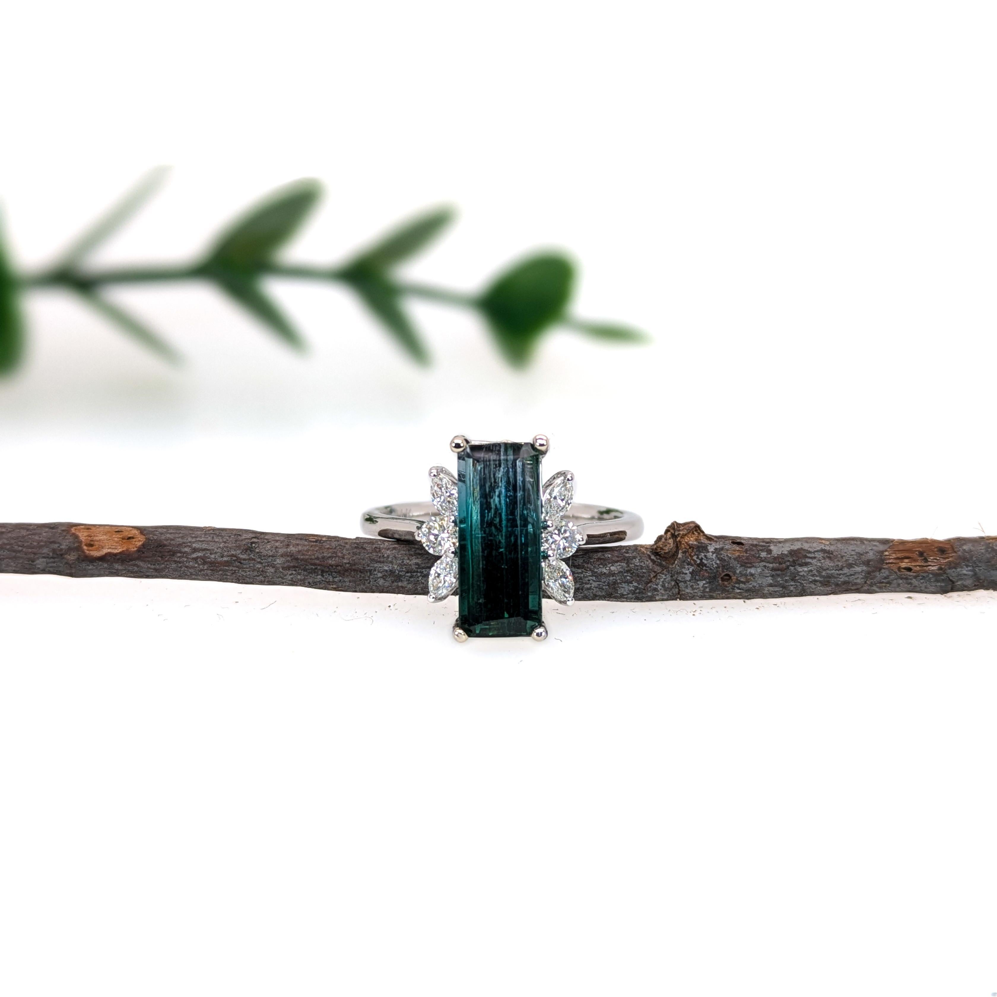 Art Deco 3ct Indicolite Tourmaline Ring w Earth Mined Diamonds in Solid 14K White Gold For Sale