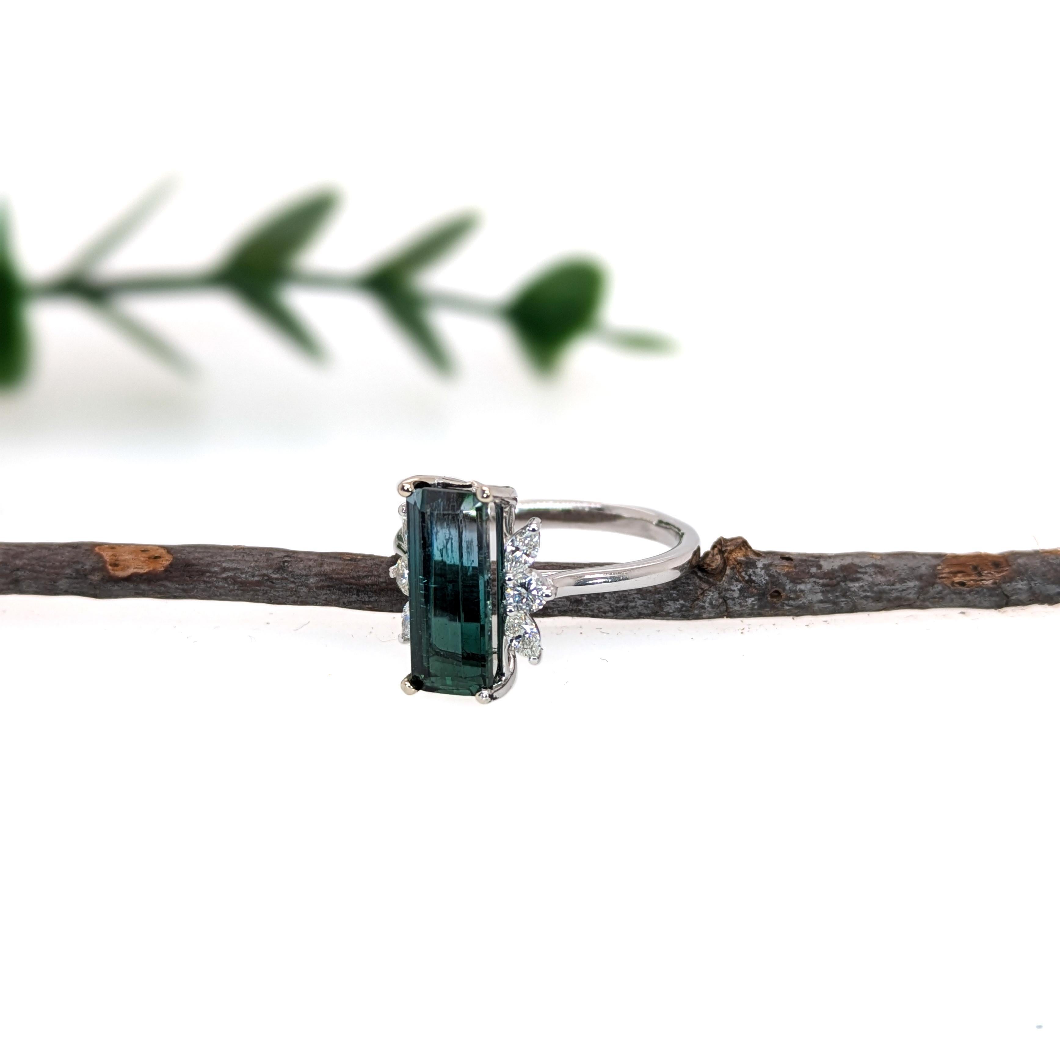Emerald Cut 3ct Indicolite Tourmaline Ring w Earth Mined Diamonds in Solid 14K White Gold For Sale