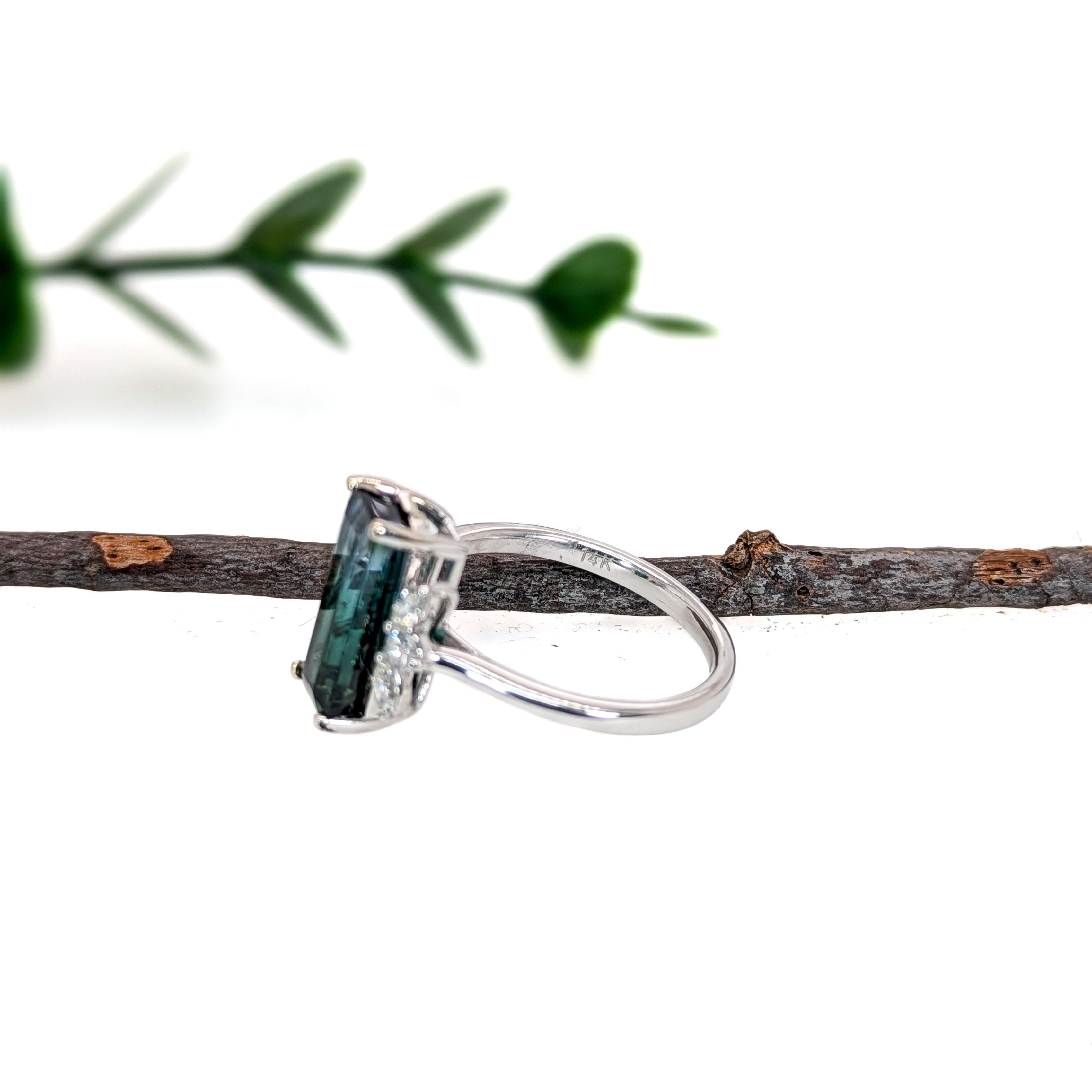 Women's 3ct Indicolite Tourmaline Ring w Earth Mined Diamonds in Solid 14K White Gold For Sale