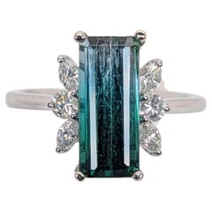3ct Indicolite Tourmaline Ring w Earth Mined Diamonds in Solid 14K White Gold