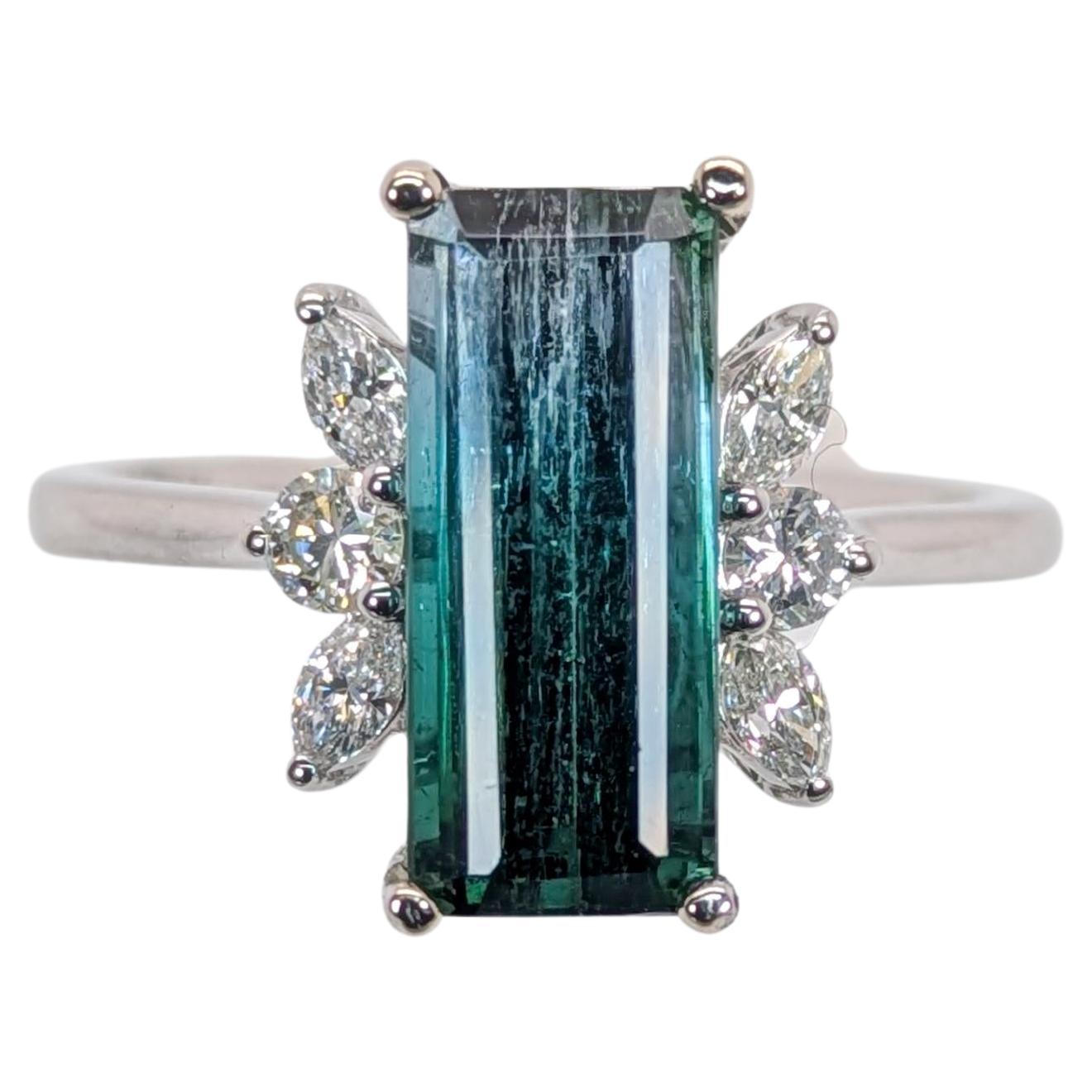 3ct Indicolite Tourmaline Ring with Earth Mined Diamonds: Solid 14K Gold, 12x5mm