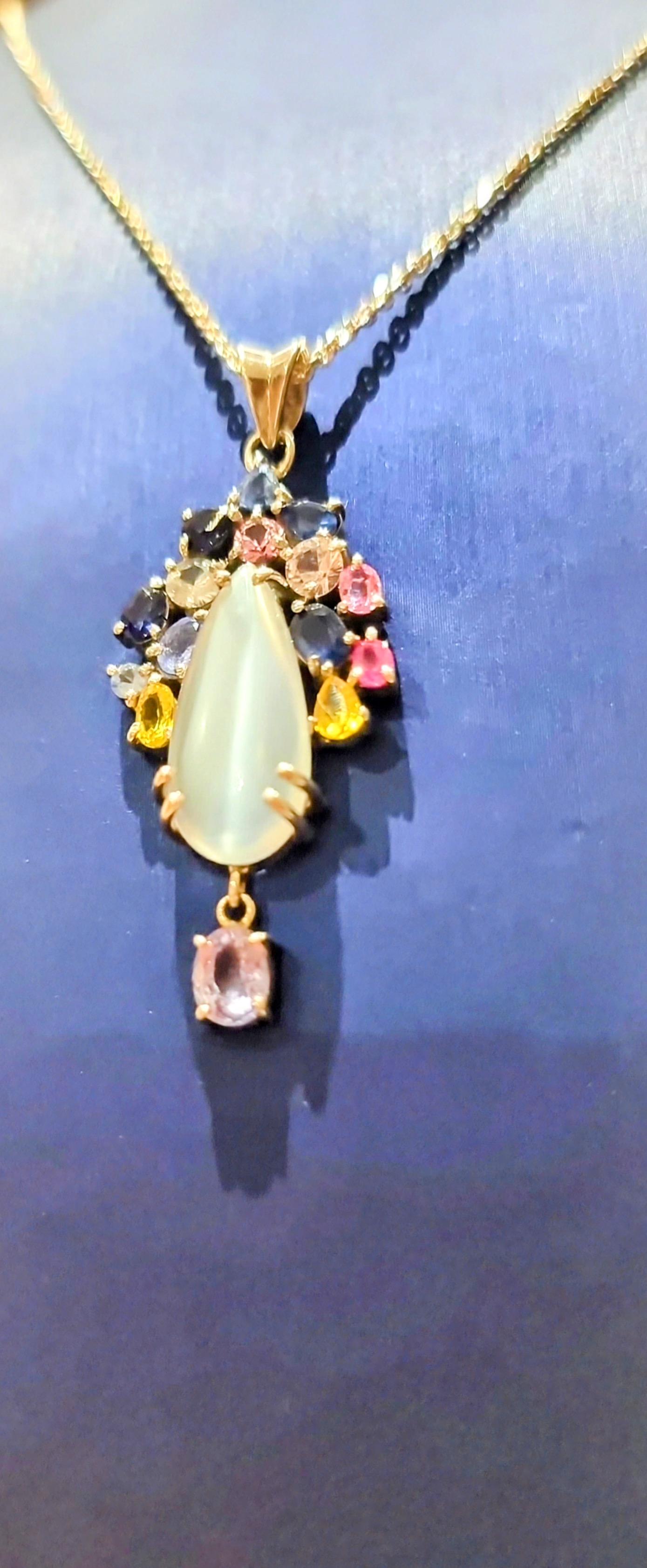 3ct Moonstone with Multi-color Natural Sapphire and Tanzanite Floral Pendant 1