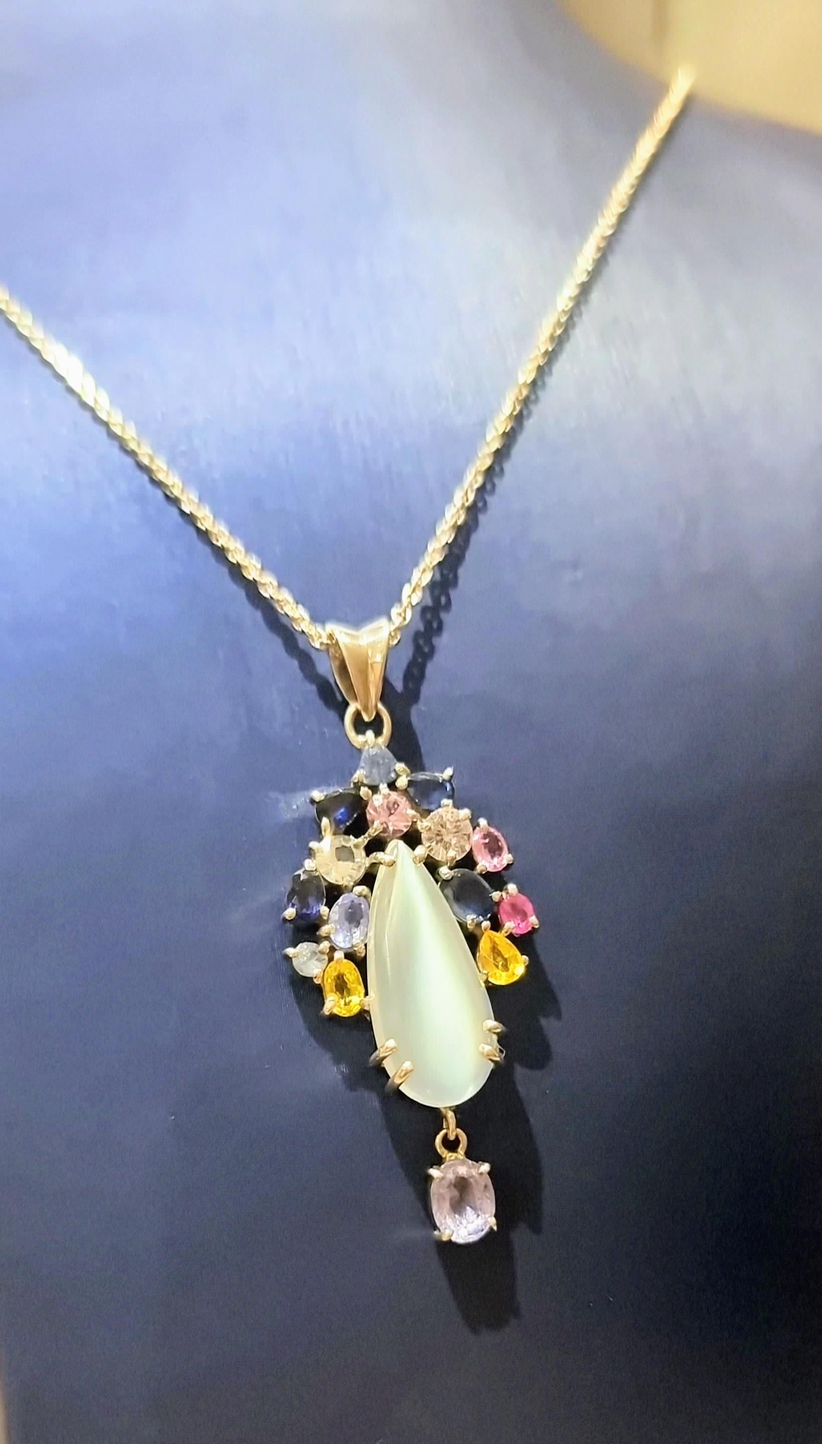 3ct Moonstone with Multi-color Natural Sapphire and Tanzanite Floral Pendant 3