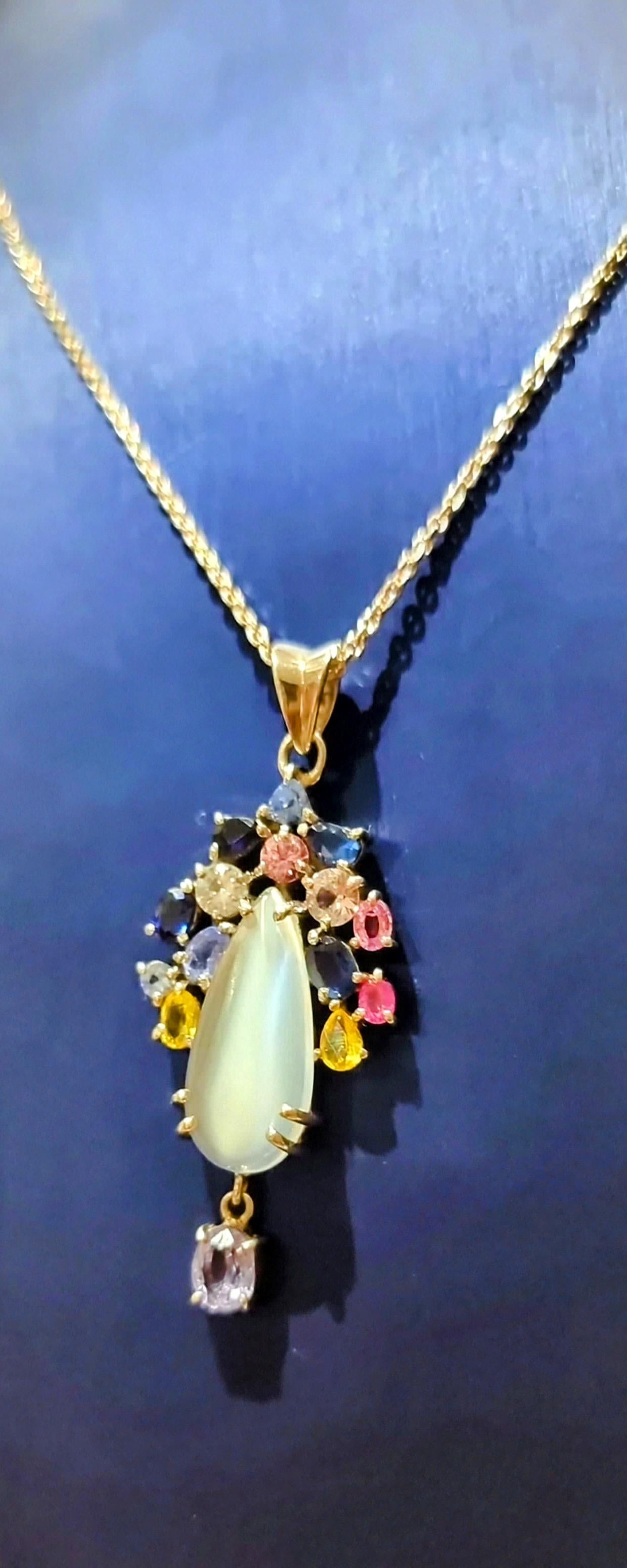 3ct Moonstone with Multi-color Natural Sapphire and Tanzanite Floral Pendant 4