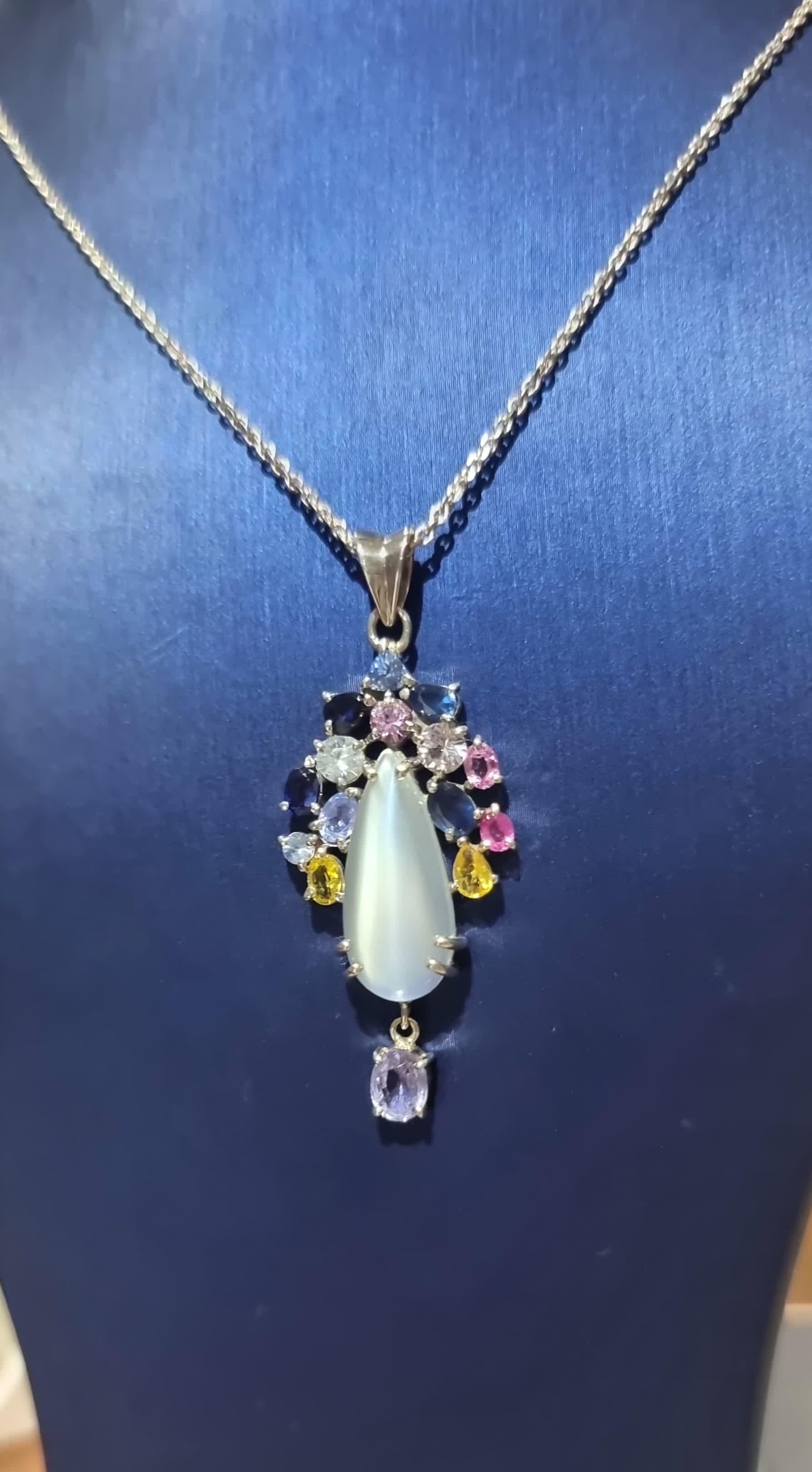 3ct Moonstone with Multi-color Natural Sapphire and Tanzanite Floral Pendant 5