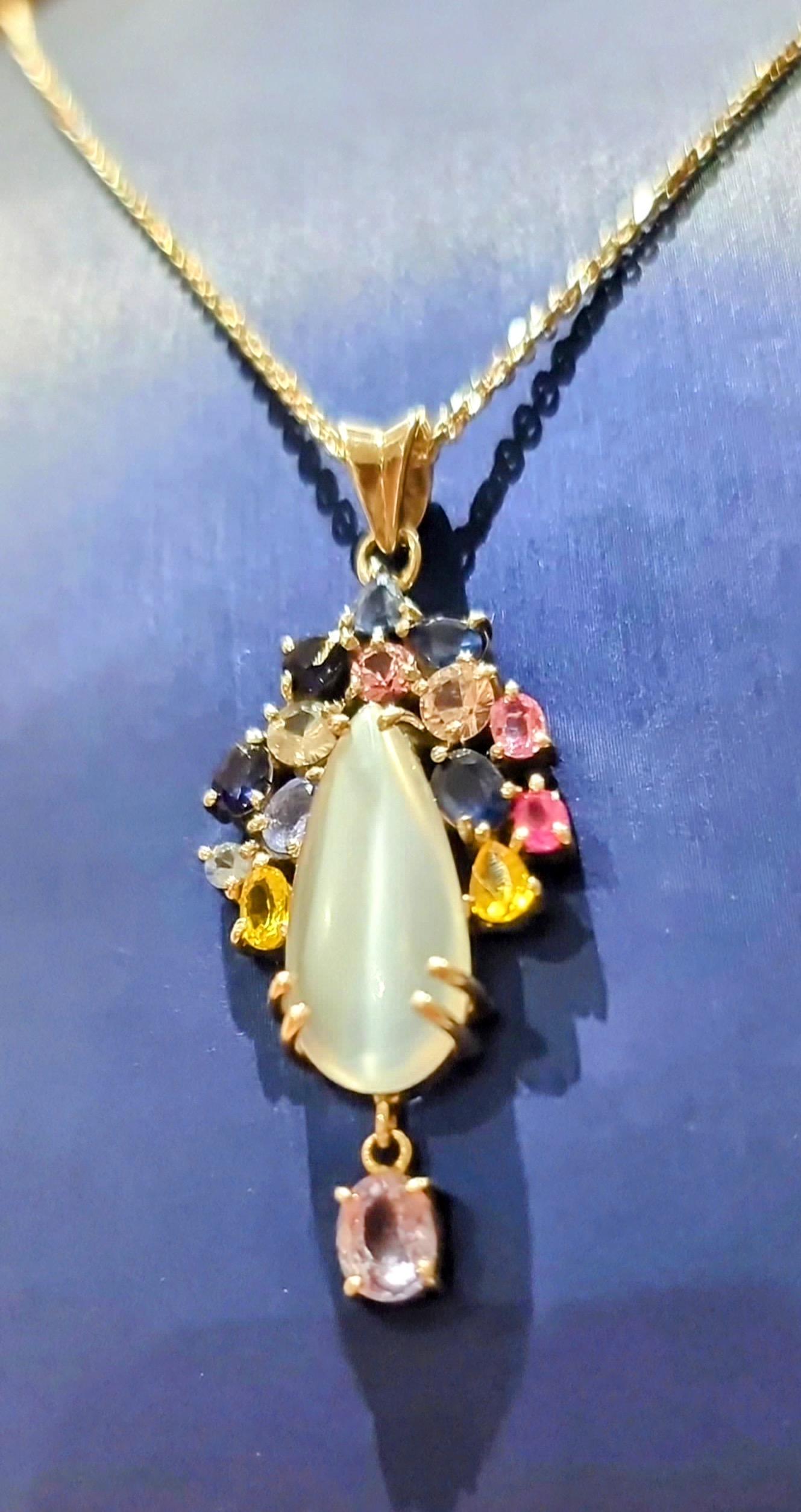 3ct Moonstone with Multi-color Natural Sapphire and Tanzanite Floral Pendant 6