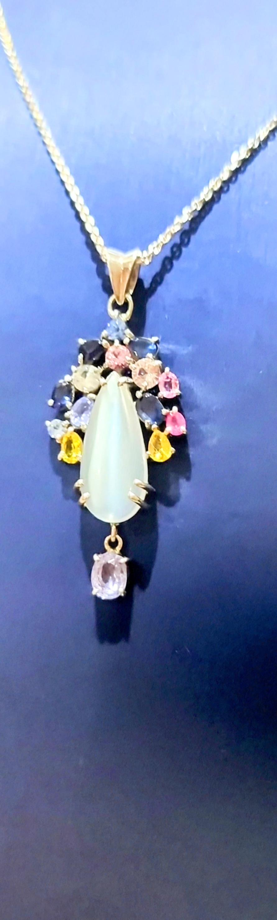 3ct Moonstone with Multi-color Natural Sapphire and Tanzanite Floral Pendant 7