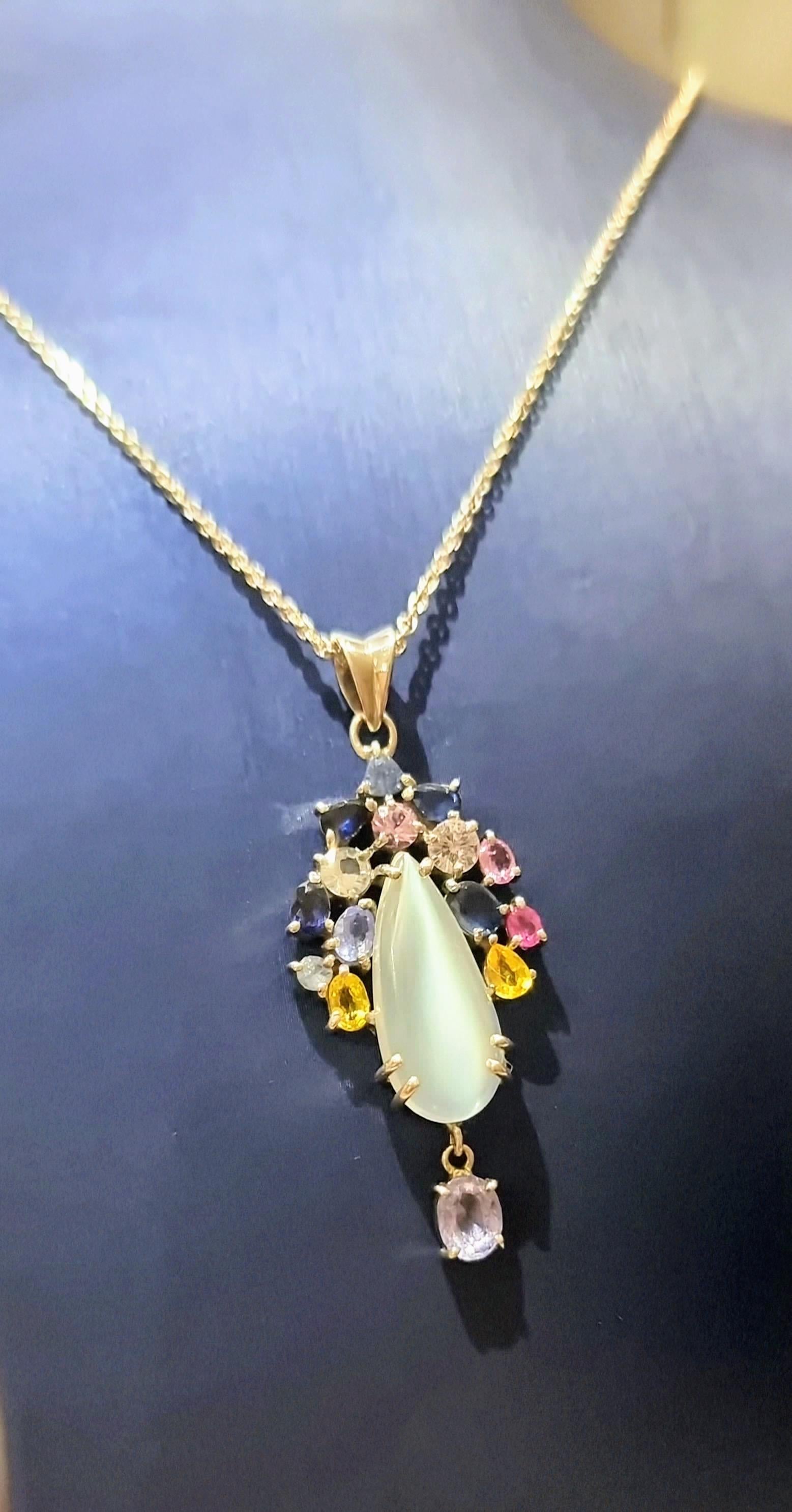 3ct Moonstone with Multi-color Natural Sapphire and Tanzanite Floral Pendant 8