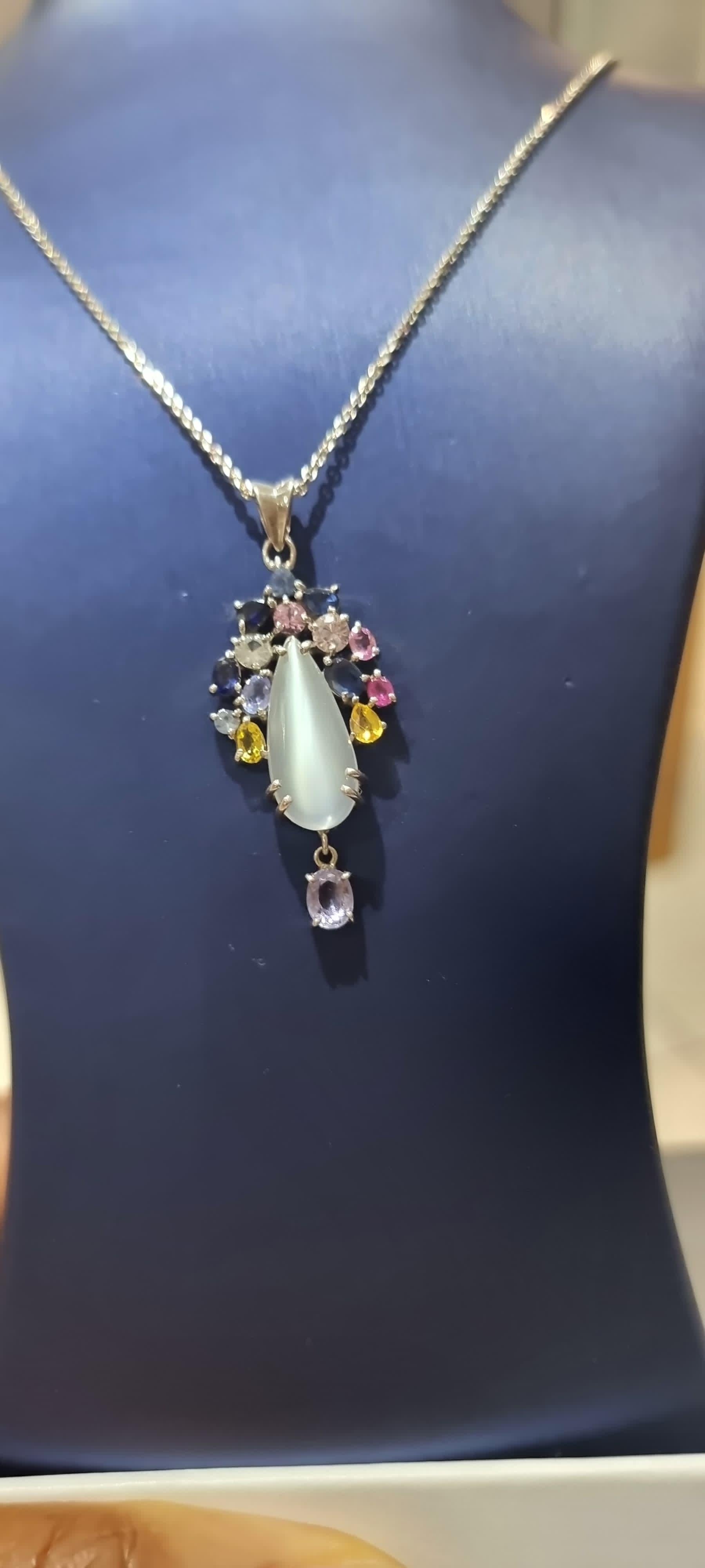 3ct Moonstone with Multi-color Natural Sapphire and Tanzanite Floral Pendant 10
