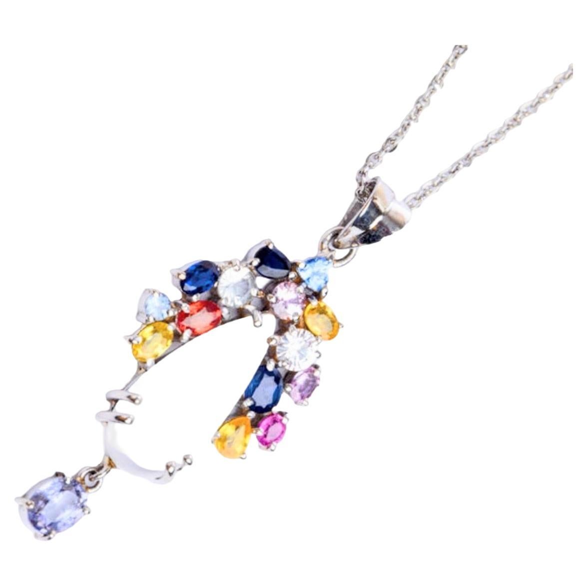 Modern 3ct Moonstone with Multi-color Natural Sapphire and Tanzanite Floral Pendant