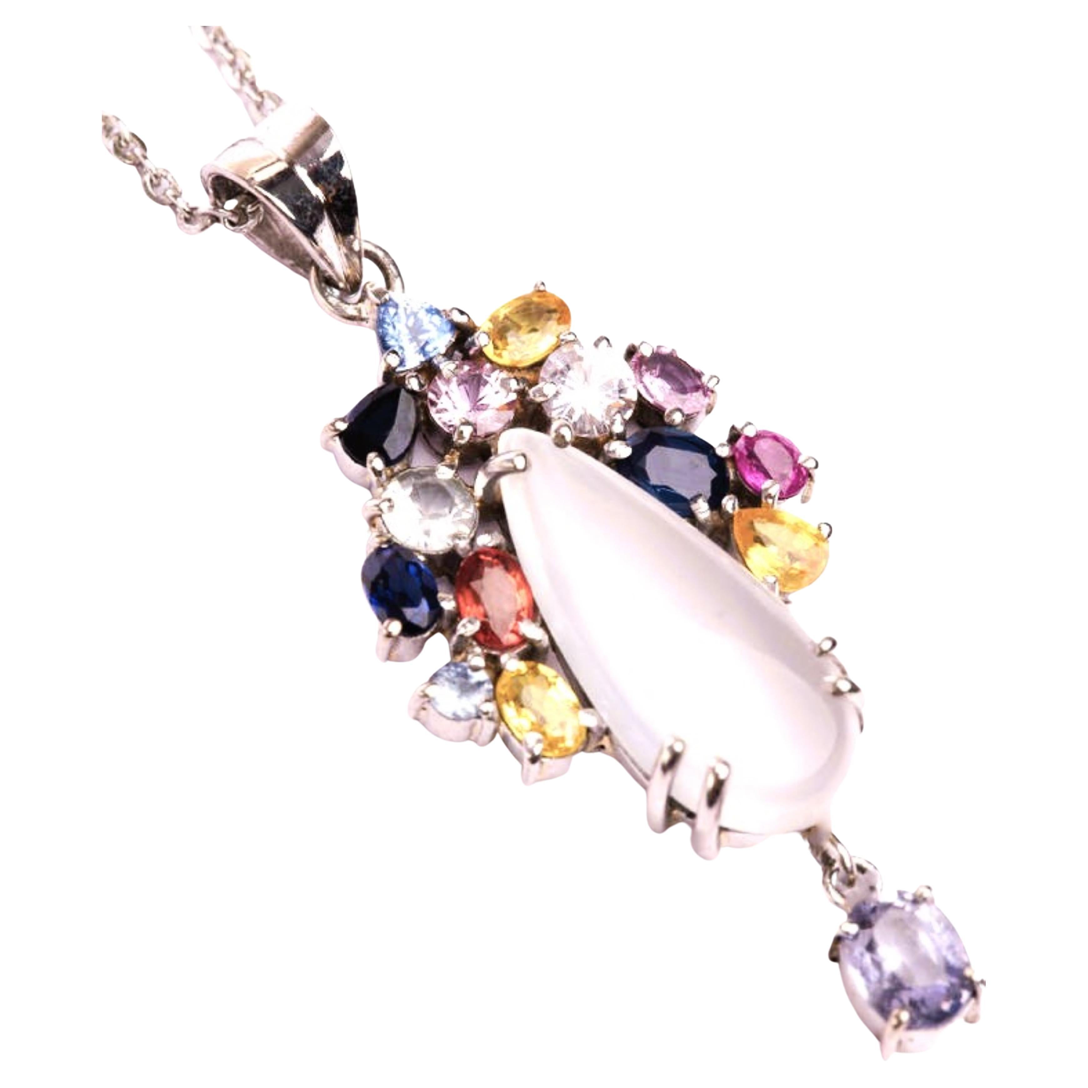 Mixed Cut 3ct Moonstone with Multi-color Natural Sapphire and Tanzanite Floral Pendant