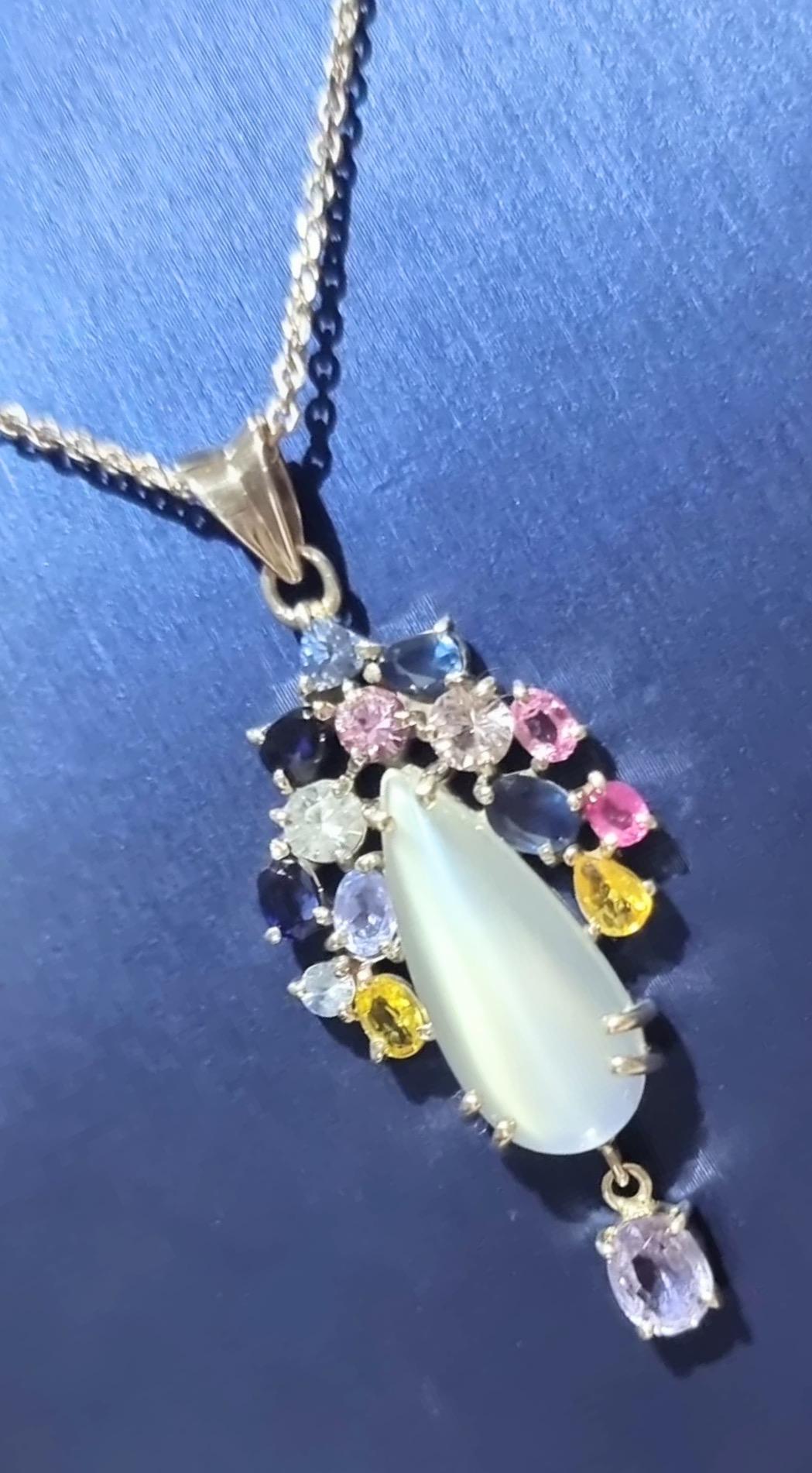Women's 3ct Moonstone with Multi-color Natural Sapphire and Tanzanite Floral Pendant