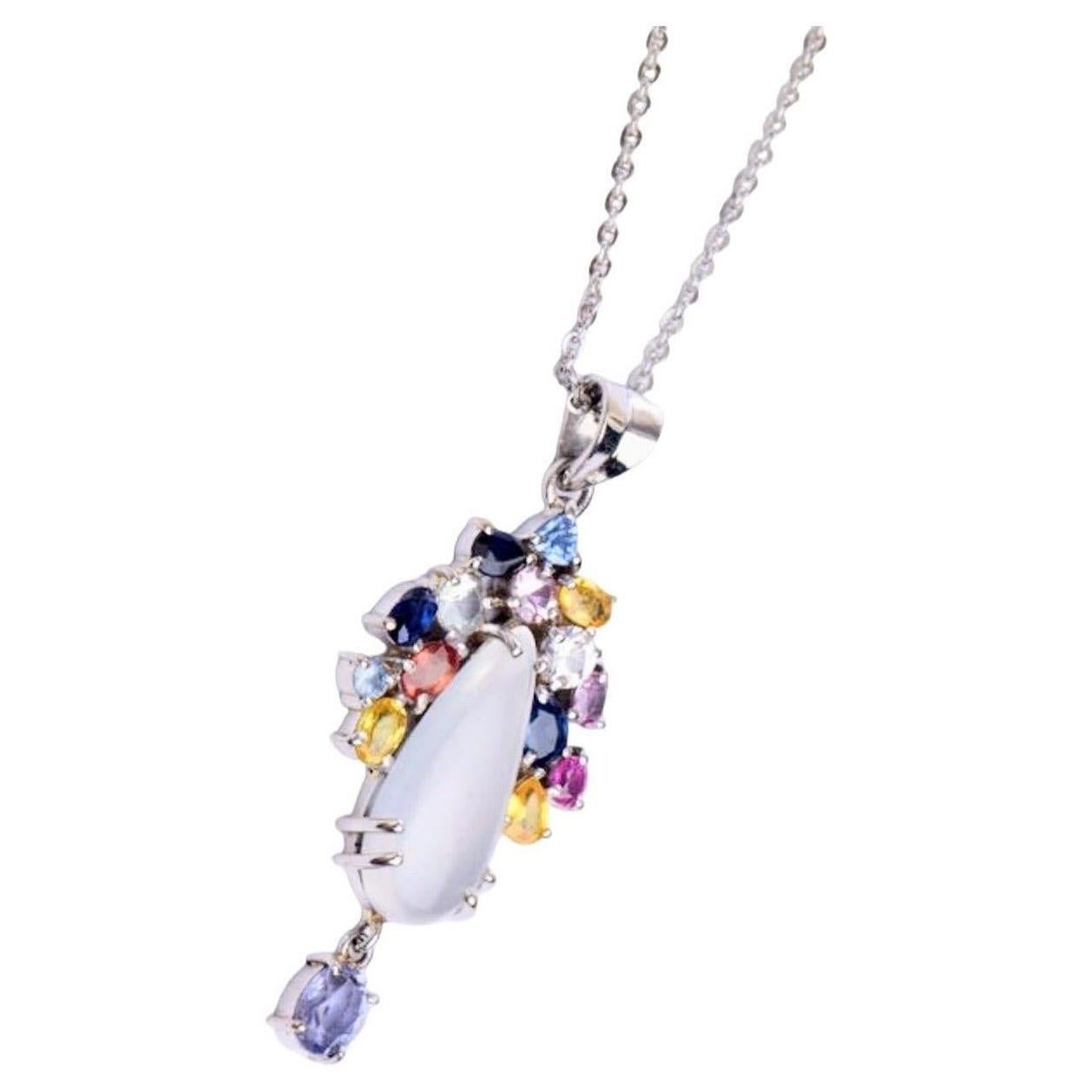 Mixed Cut 3ct Moonstone with Multi-color Sapphire and Tanzanite Floral Forage Pendant  For Sale