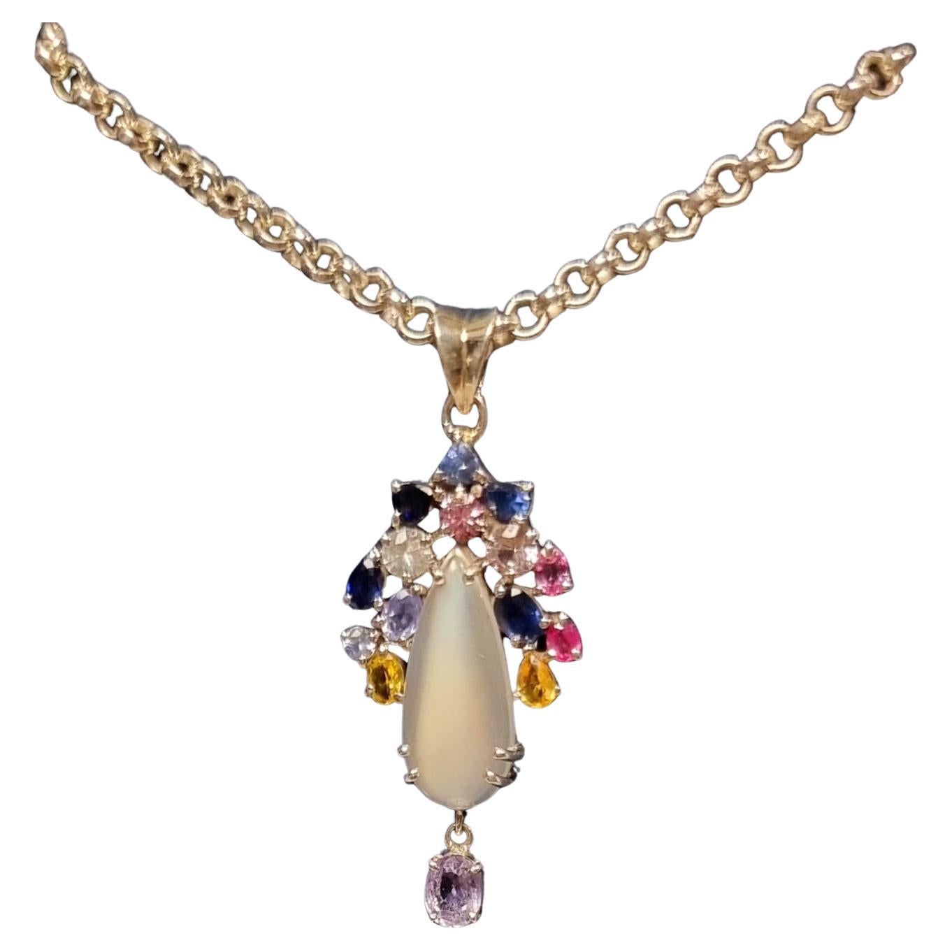 3ct Moonstone with Multi-color Sapphire and Tanzanite Floral Forage Pendant 