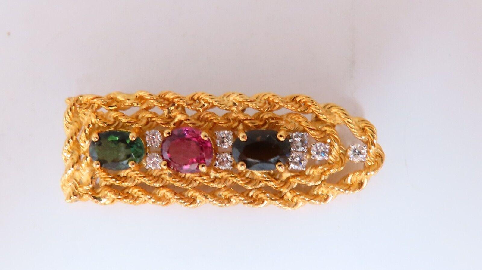3ct. Natural Green Brown Pink Tourmaline Rope Twist .40ct Diamond Pin 14kt In New Condition For Sale In New York, NY